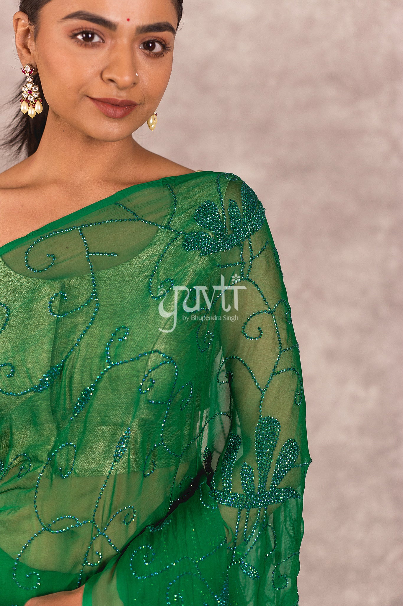 Green Viscose Chiffon Katori Taari Work Saree