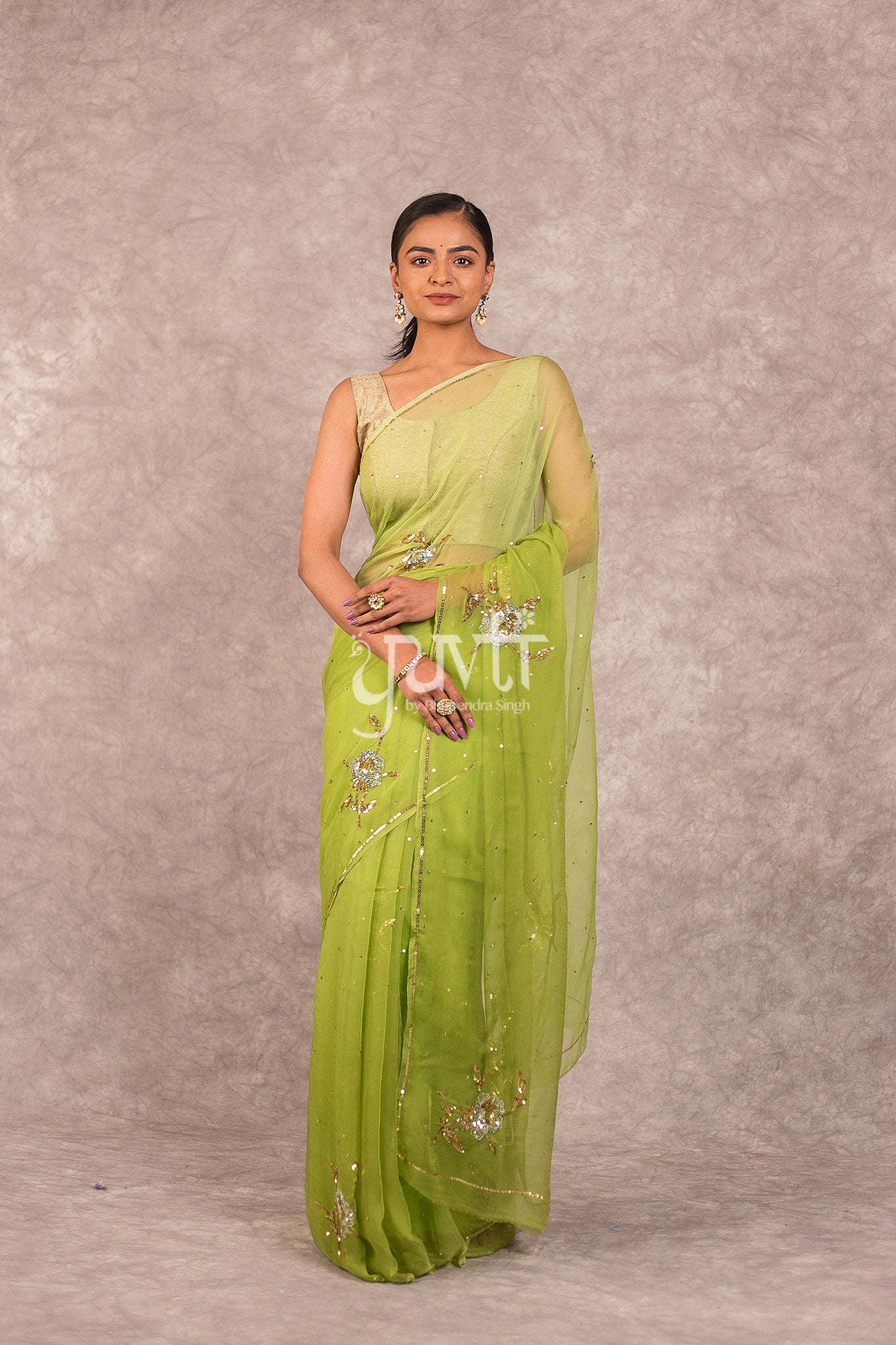 Green Viscose Chiffon Aari Sequins Work Saree