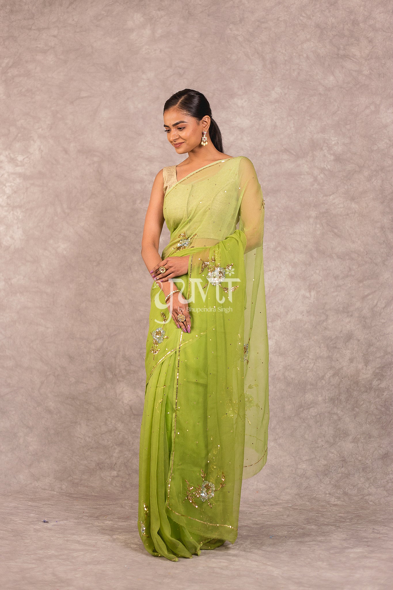 Green Viscose Chiffon Aari Sequins Work Saree