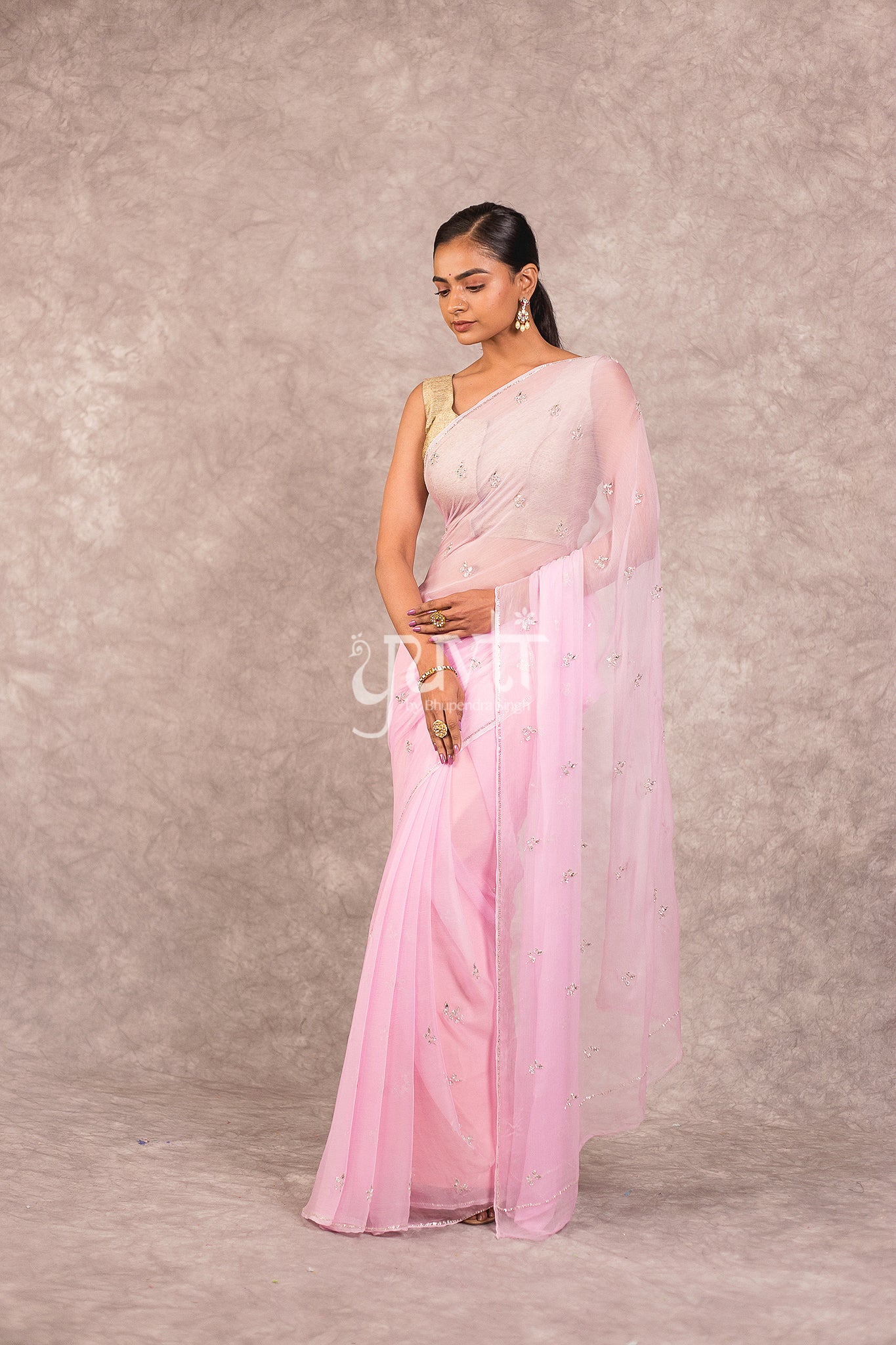 Pink Viscose Chiffon Kundan Kardhana Work Saree