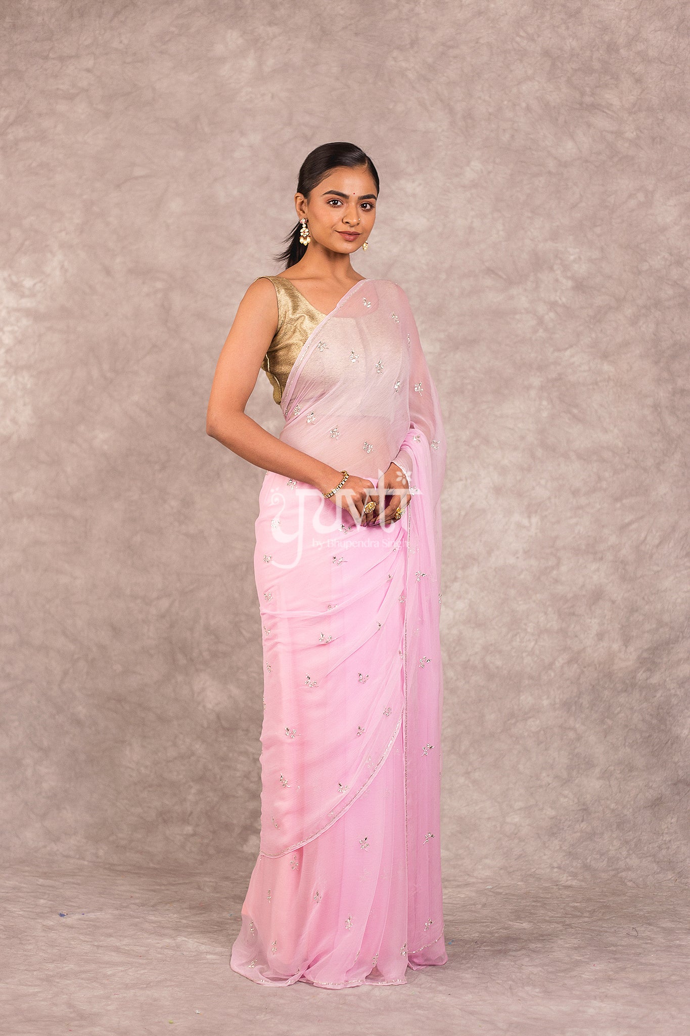 Pink Viscose Chiffon Kundan Kardhana Work Saree