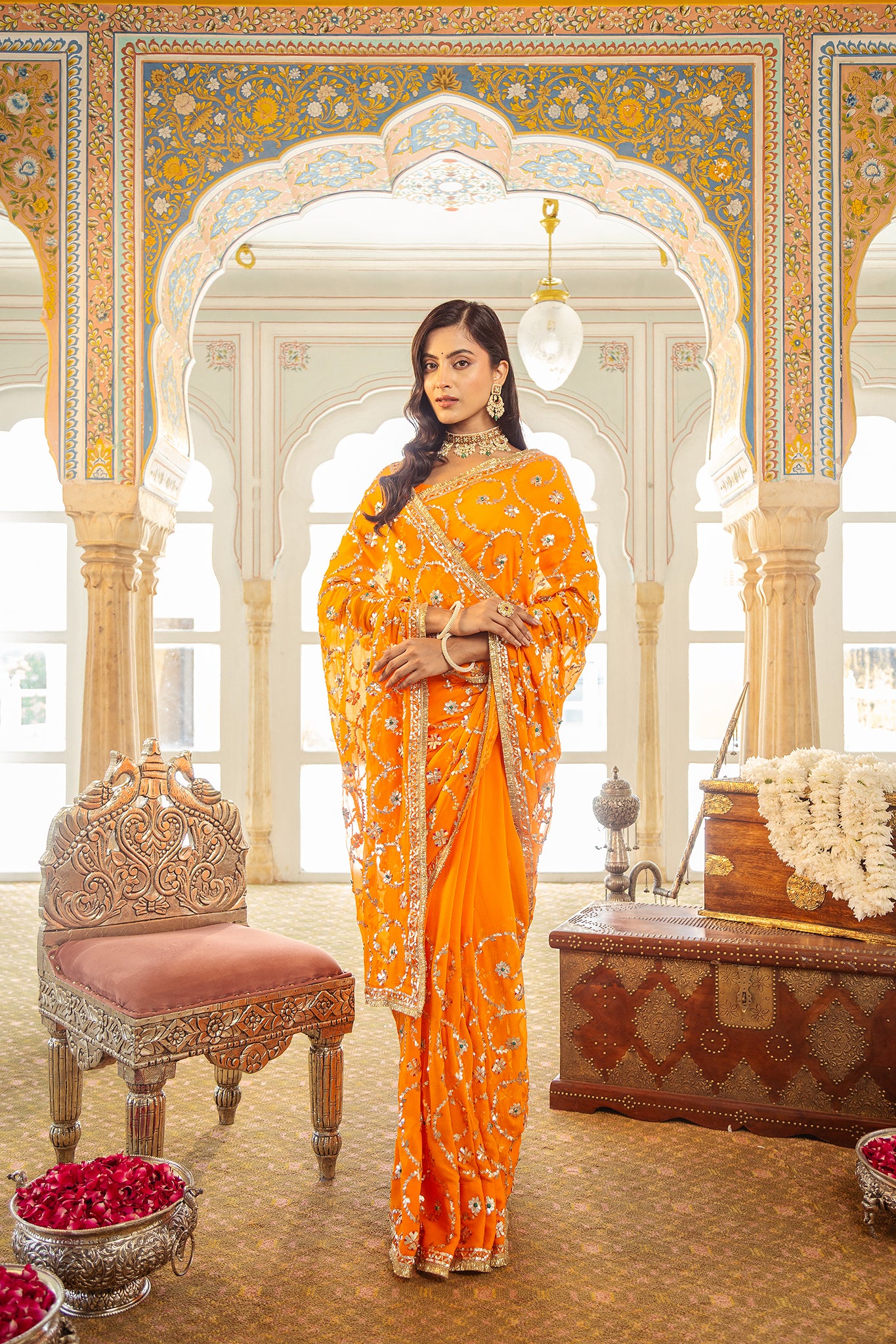 Yellow Kesariya Pure Chiffon Gota Patti Jaal Handwork Saree