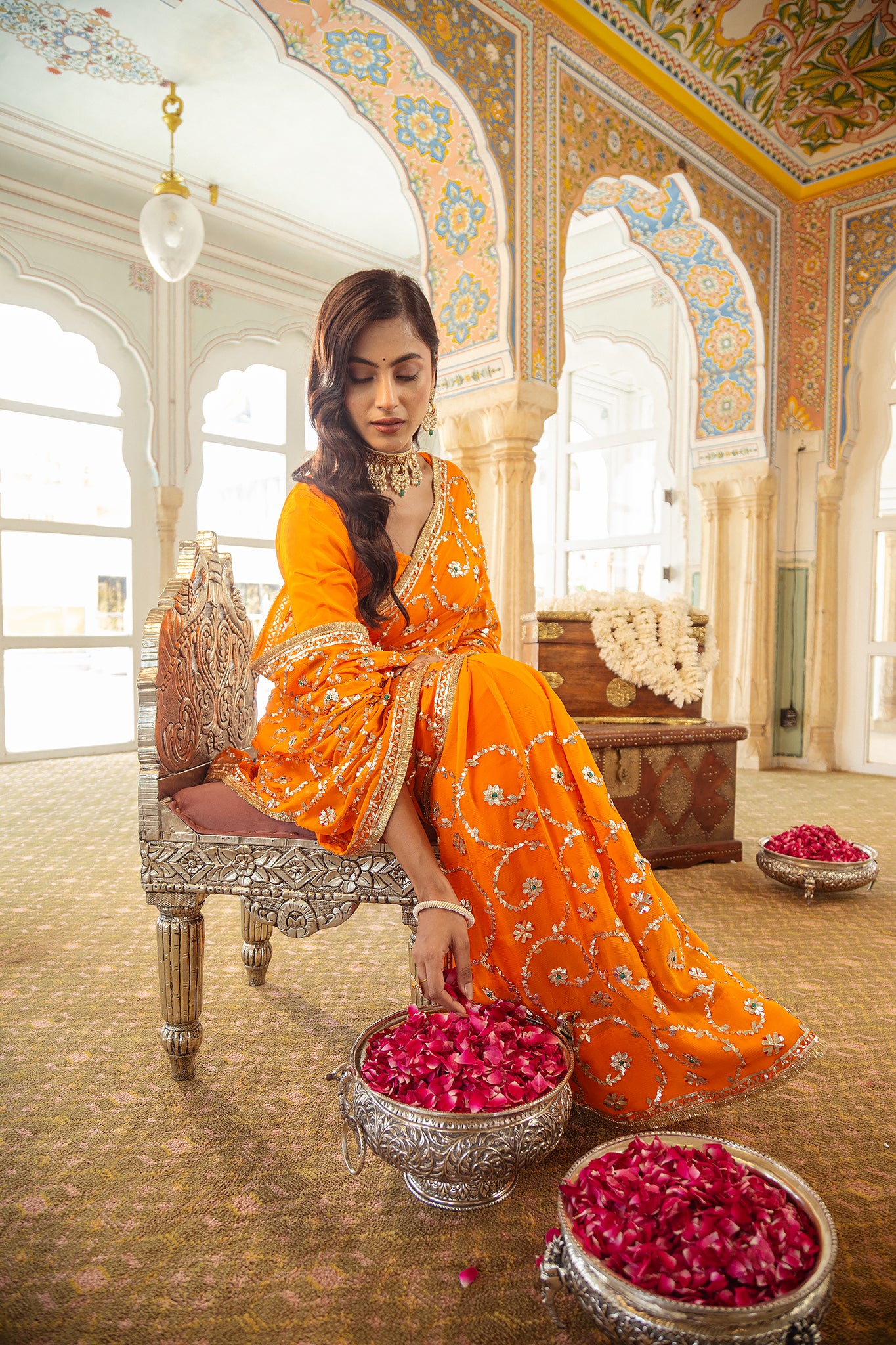 Yellow Kesariya Pure Chiffon Gota Patti Jaal Handwork Saree