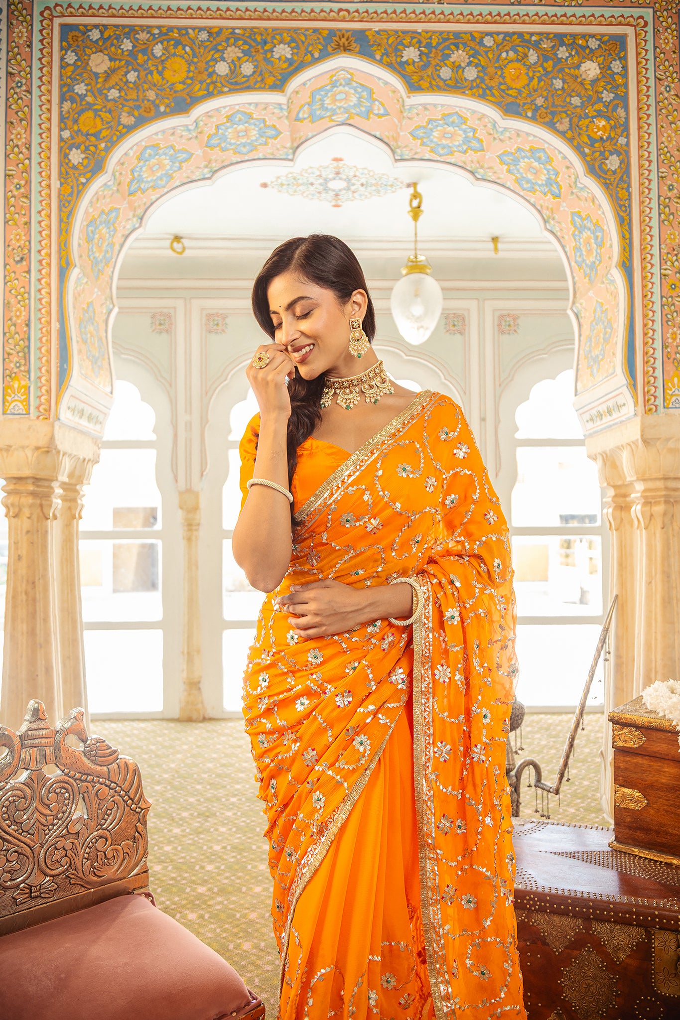 Yellow Kesariya Pure Chiffon Gota Patti Jaal Handwork Saree