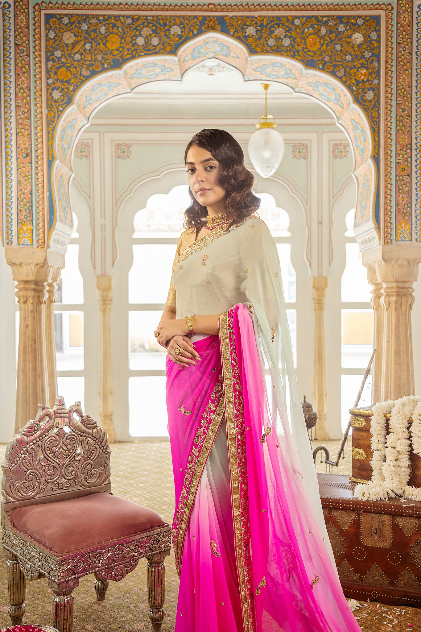Pink Mint Shaded Pure Chiffon Copper Laffa Zardozi Salma Handwork Saree