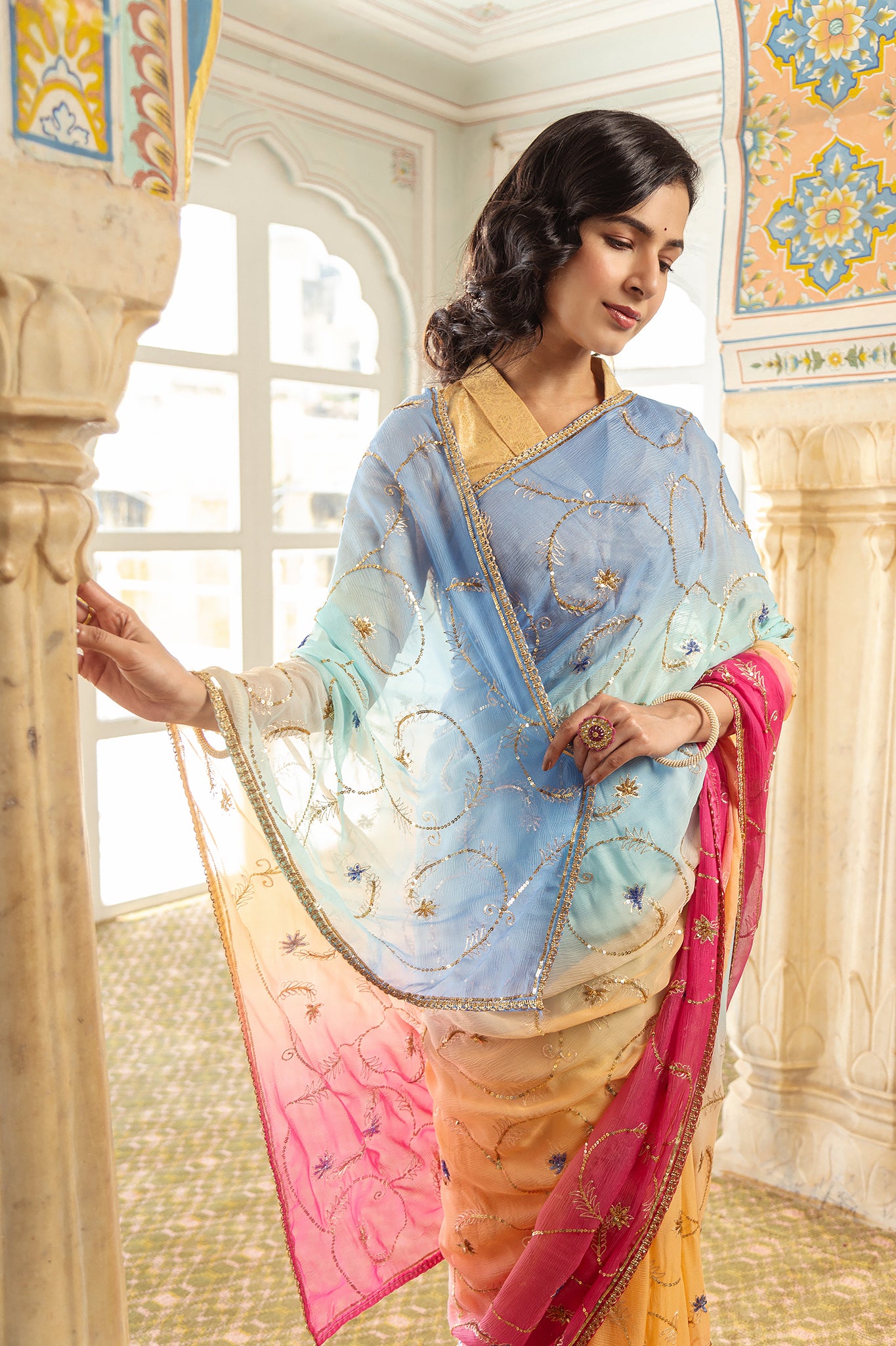 Rani Sky Shaded Pure Chiffon Aari Tari Handwork Saree