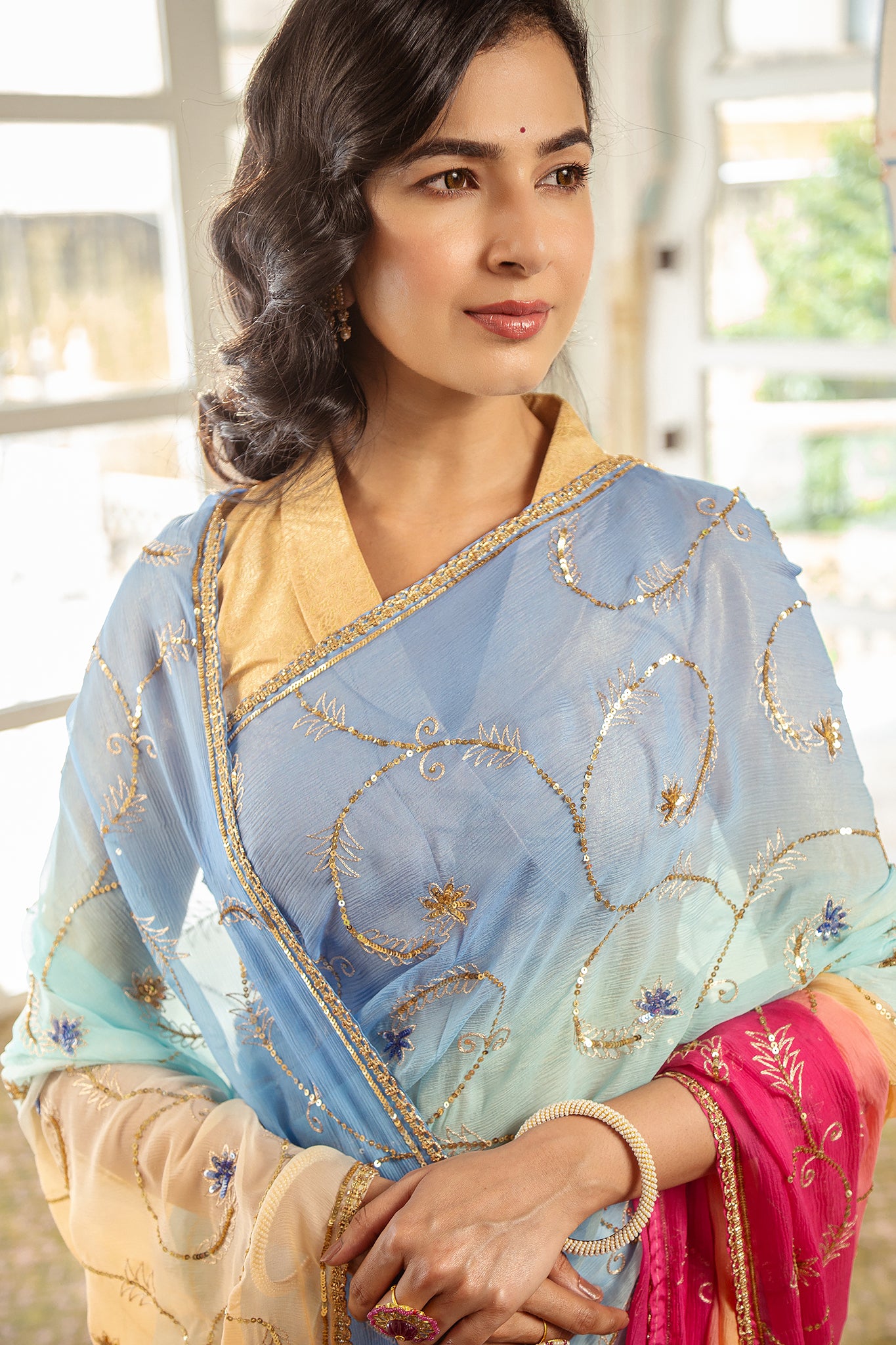 Rani Sky Shaded Pure Chiffon Aari Tari Handwork Saree