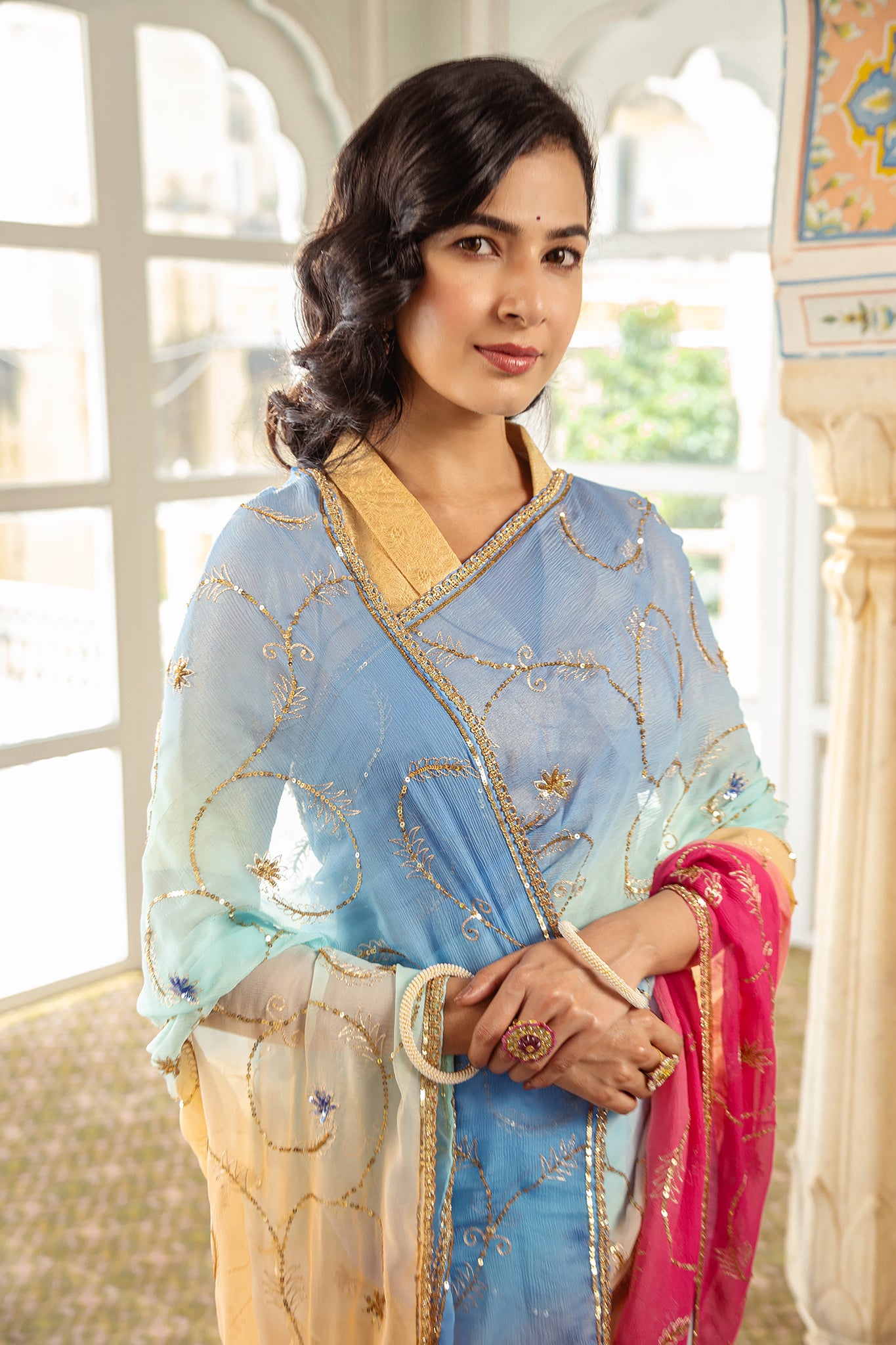 Rani Sky Shaded Pure Chiffon Aari Tari Handwork Saree