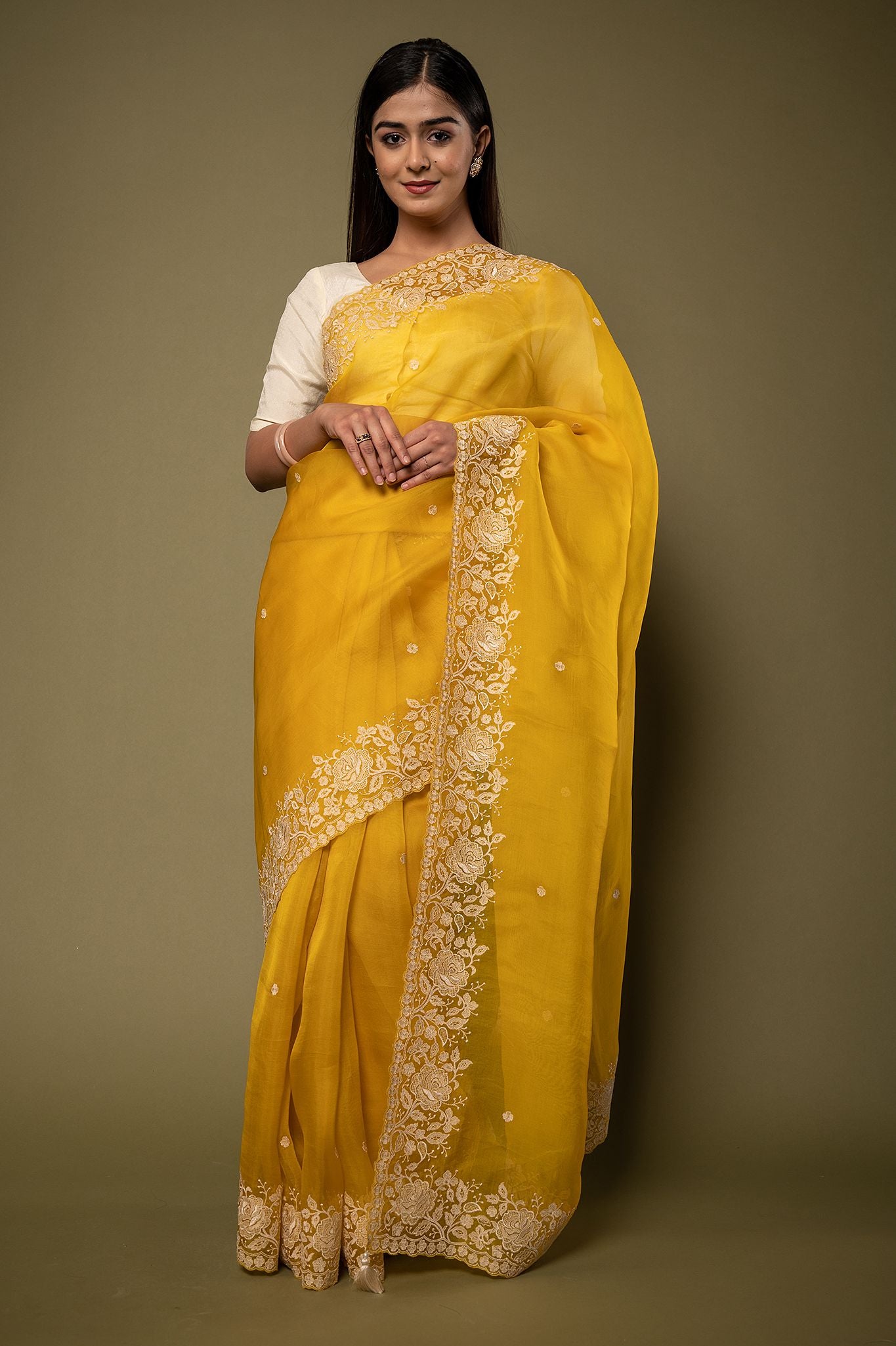 Yellow Organza resham border butti handwork saree