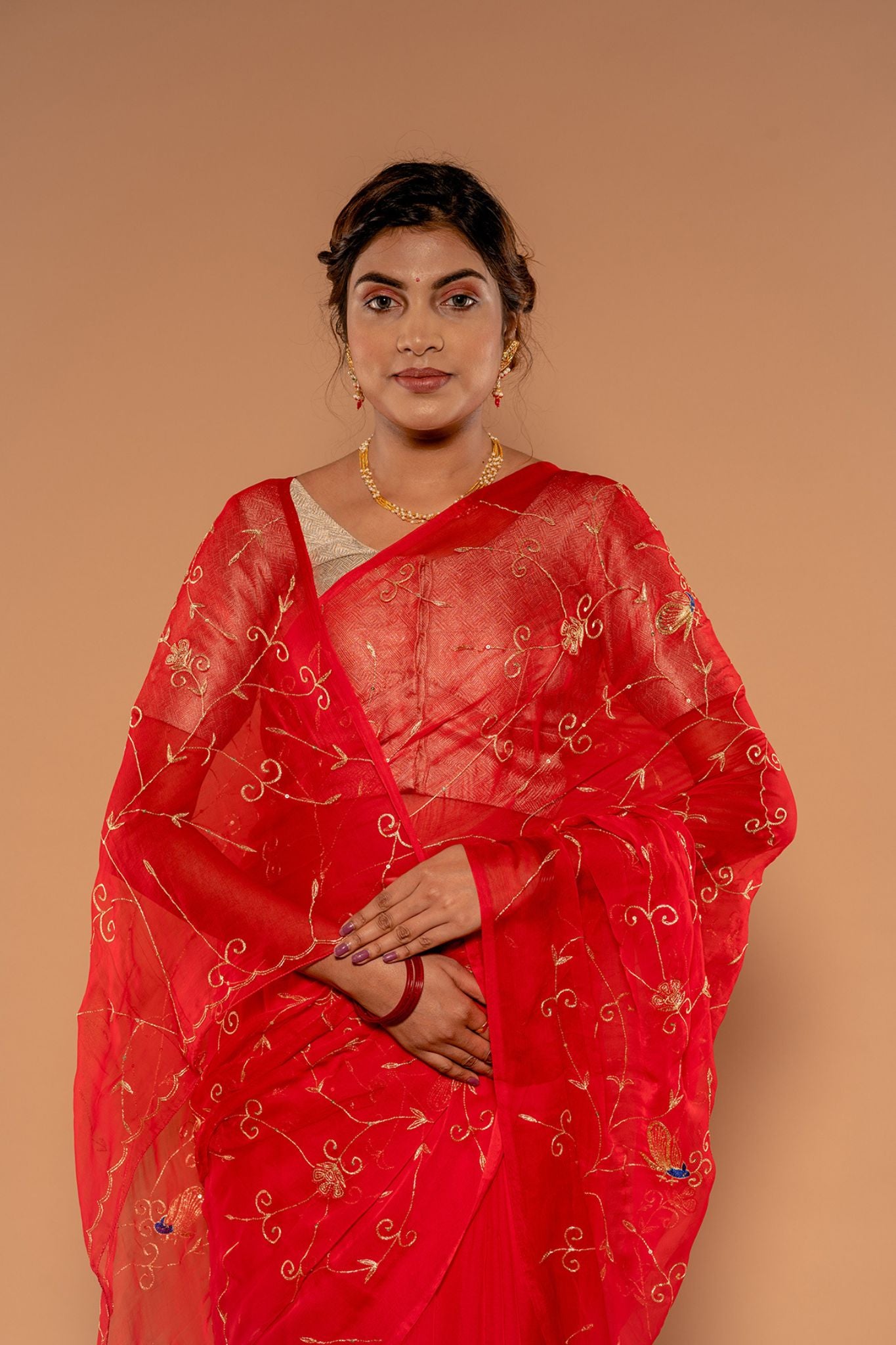Red Viscose Chiffon aari sequins jaal Handwork Saree