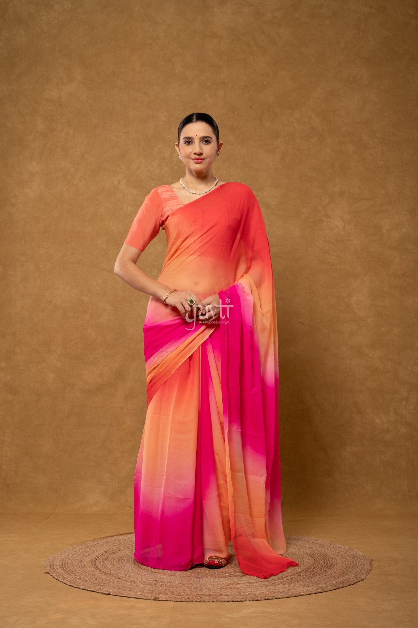 Red Peach Rani Shaded Pure Chiffon Hand-Dye Saree with Blouse