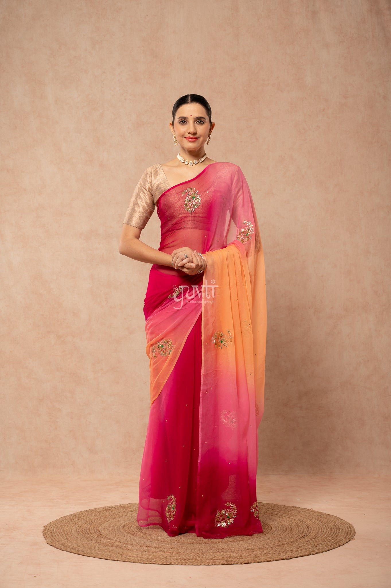 Wine Pink Peach Multi Viscose Chiffon Aari Sequins Motifs ( Butti ) Handwork Saree