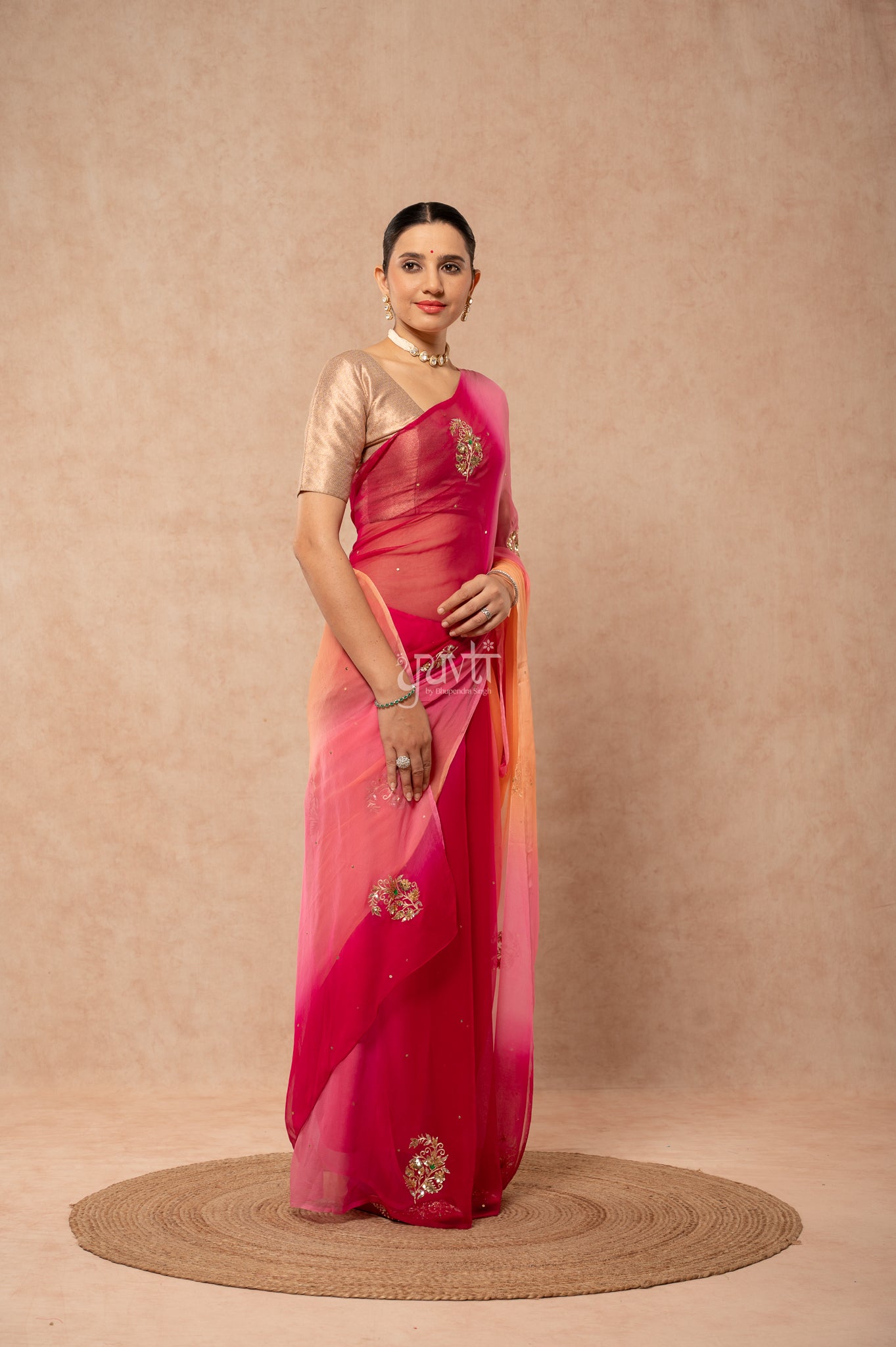 Wine Pink Peach Multi Viscose Chiffon Aari Sequins Motifs ( Butti ) Handwork Saree