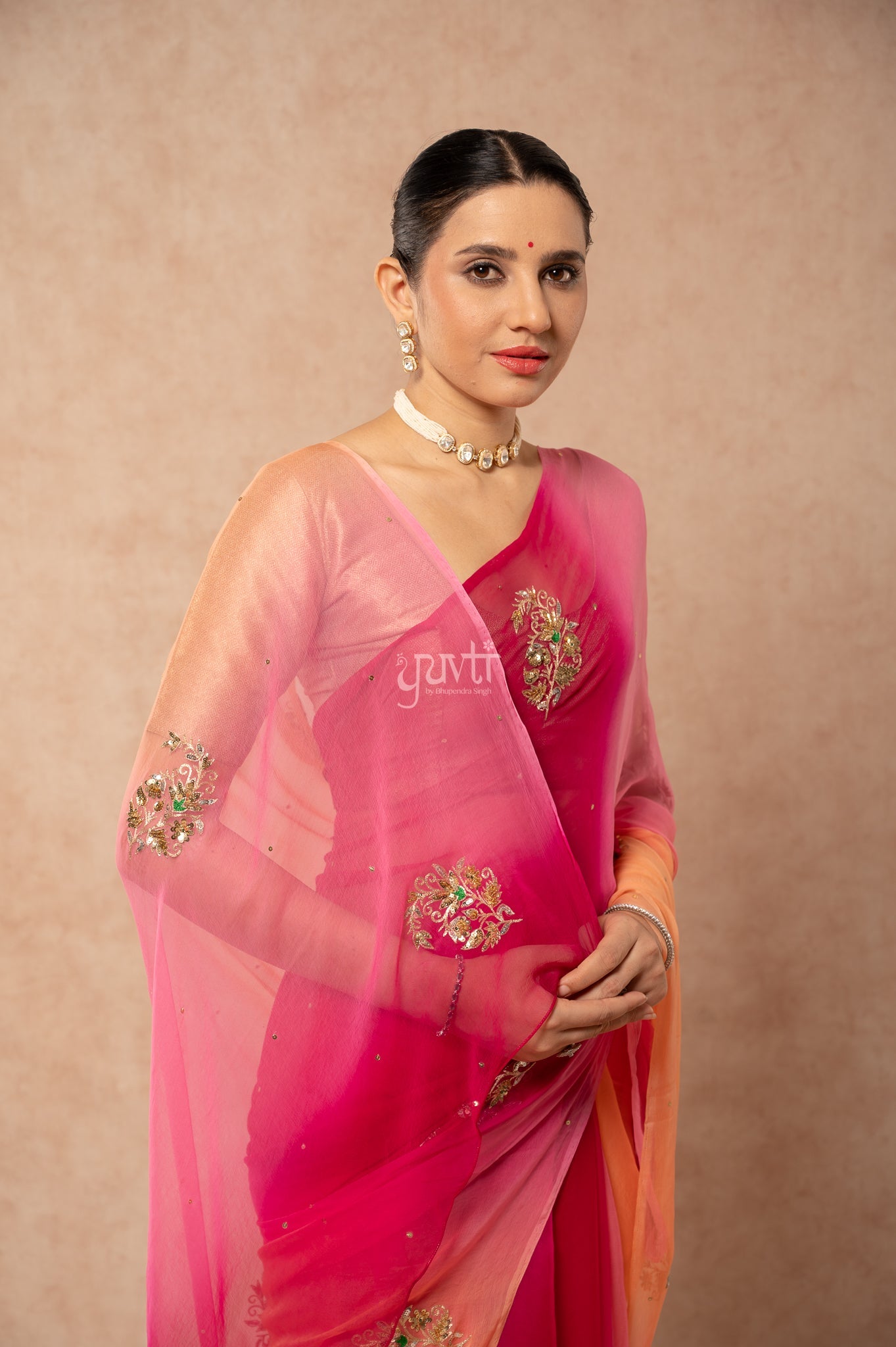 Wine Pink Peach Multi Viscose Chiffon Aari Sequins Motifs ( Butti ) Handwork Saree