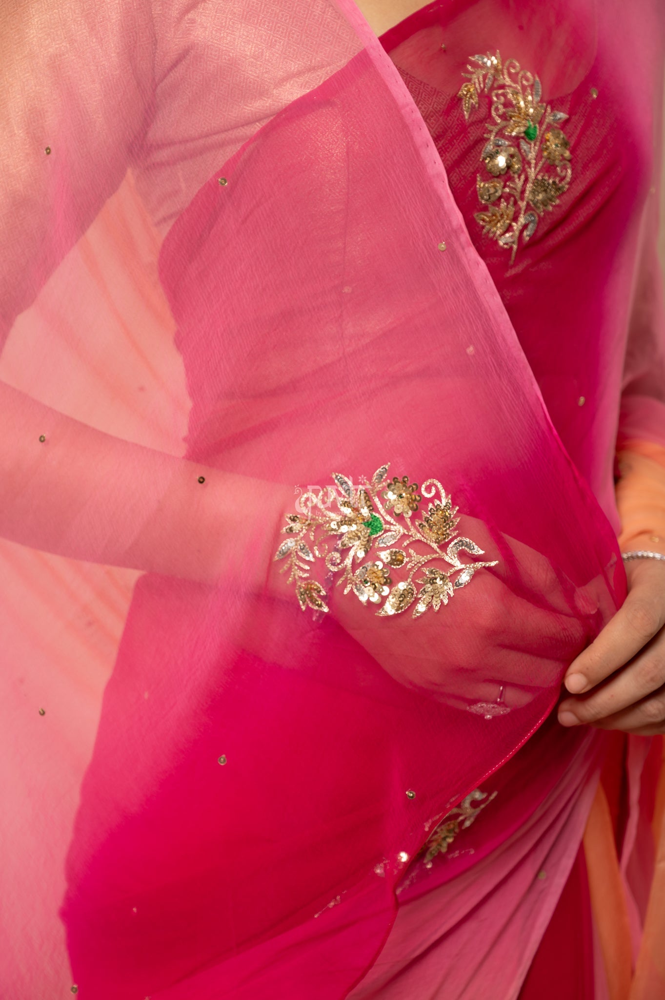 Wine Pink Peach Multi Viscose Chiffon Aari Sequins Motifs ( Butti ) Handwork Saree