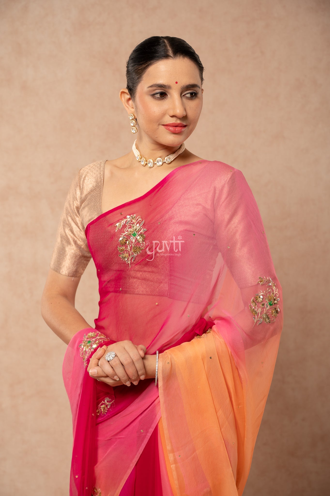 Wine Pink Peach Multi Viscose Chiffon Aari Sequins Motifs ( Butti ) Handwork Saree