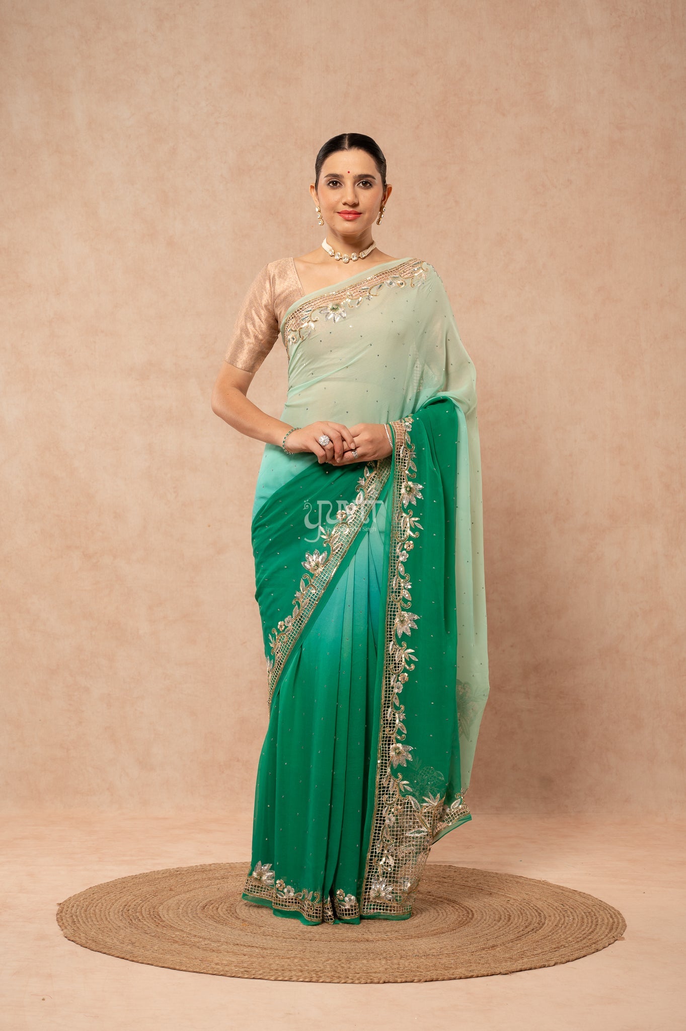 Green Shaded Viscose Chiffon Aari Sequins Cutwork Border Butti Handwork Party Saree