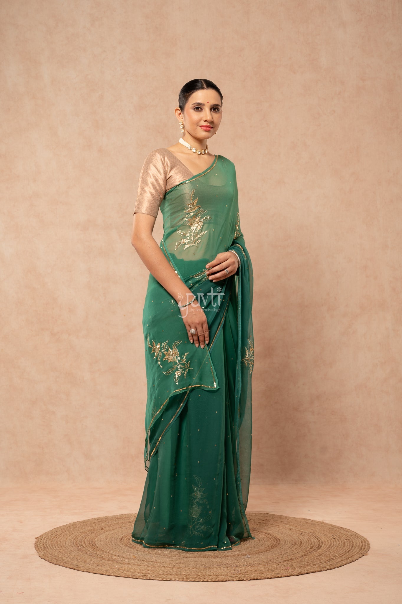 Green Shaded Viscose Chiffon Aari Sequins Motifs ( Butti ) Handwork Saree