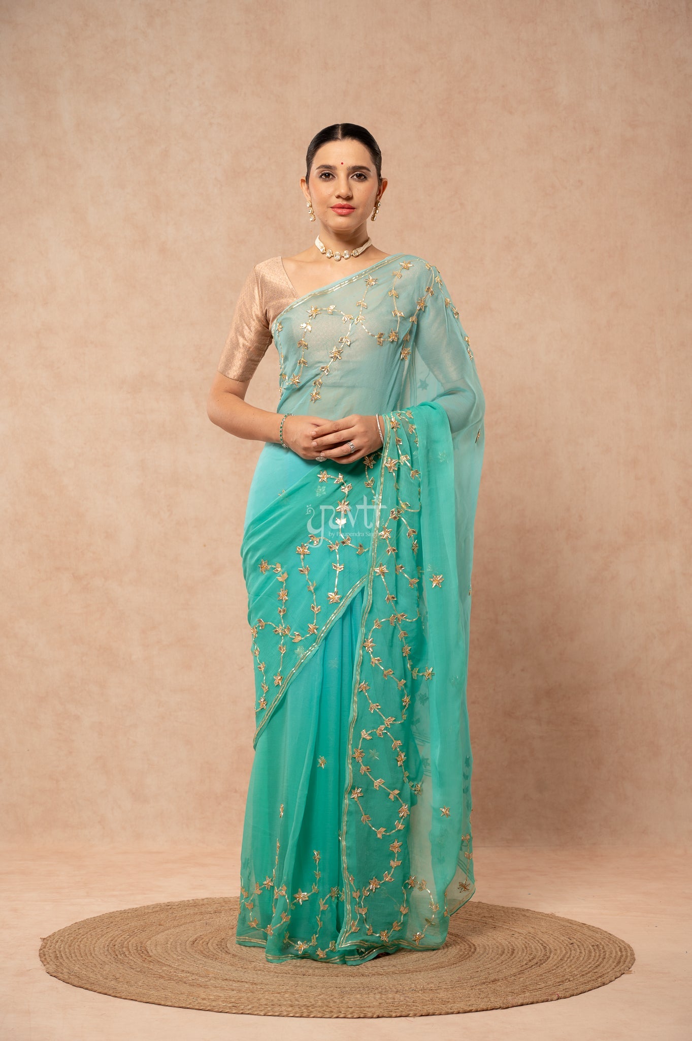 Rama Green Viscose Chiffon Sikhiya Gotta Patti Border & Motif (Butti) Saree