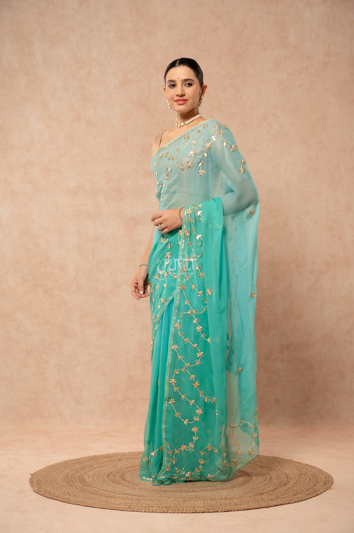 Rama Green Viscose Chiffon Sikhiya Gotta Patti Border & Motif (Butti) Saree