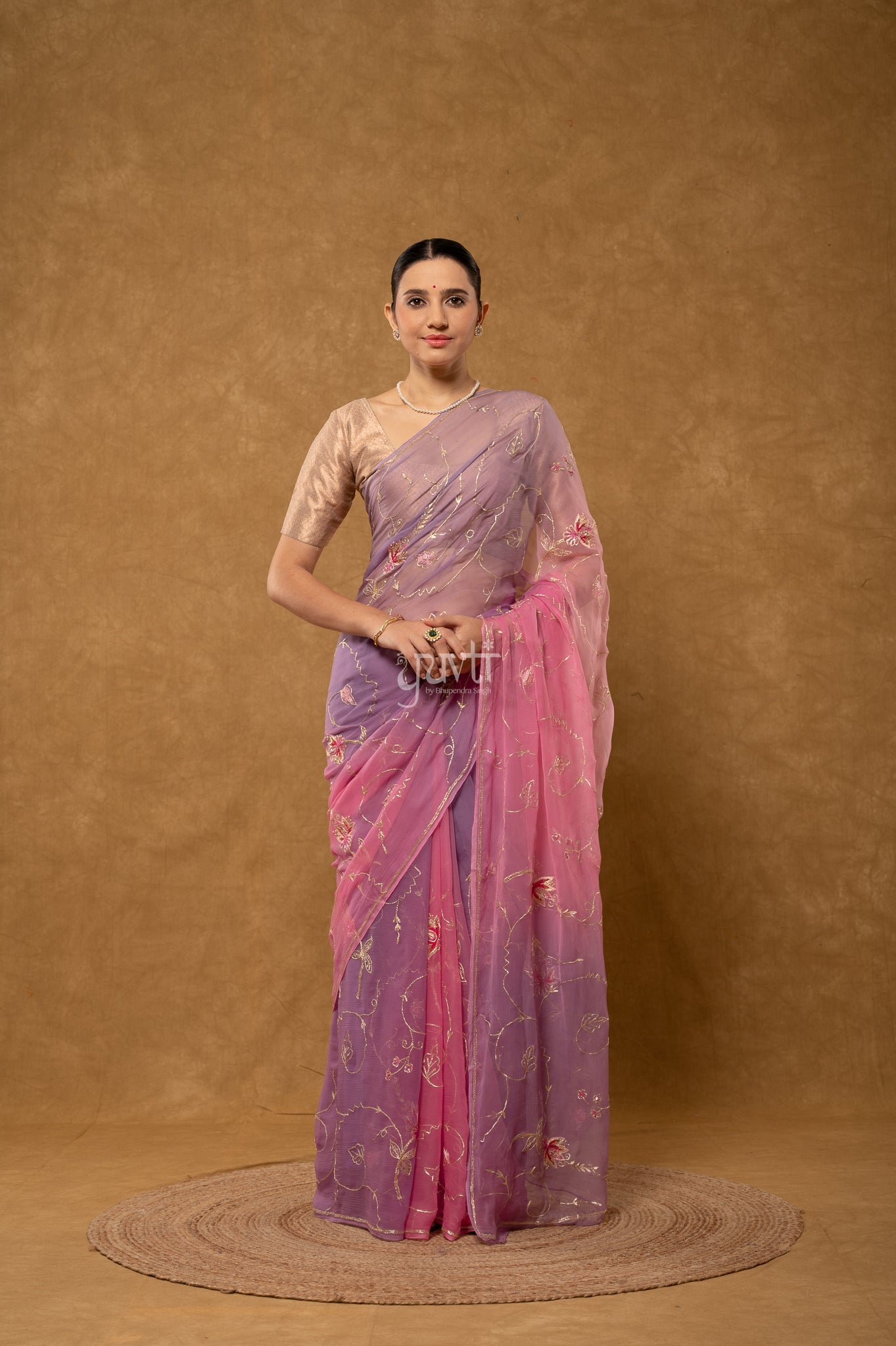 Grey Pink Viscose Chiffon Aari Sequins Kardana Handwork Party Saree
