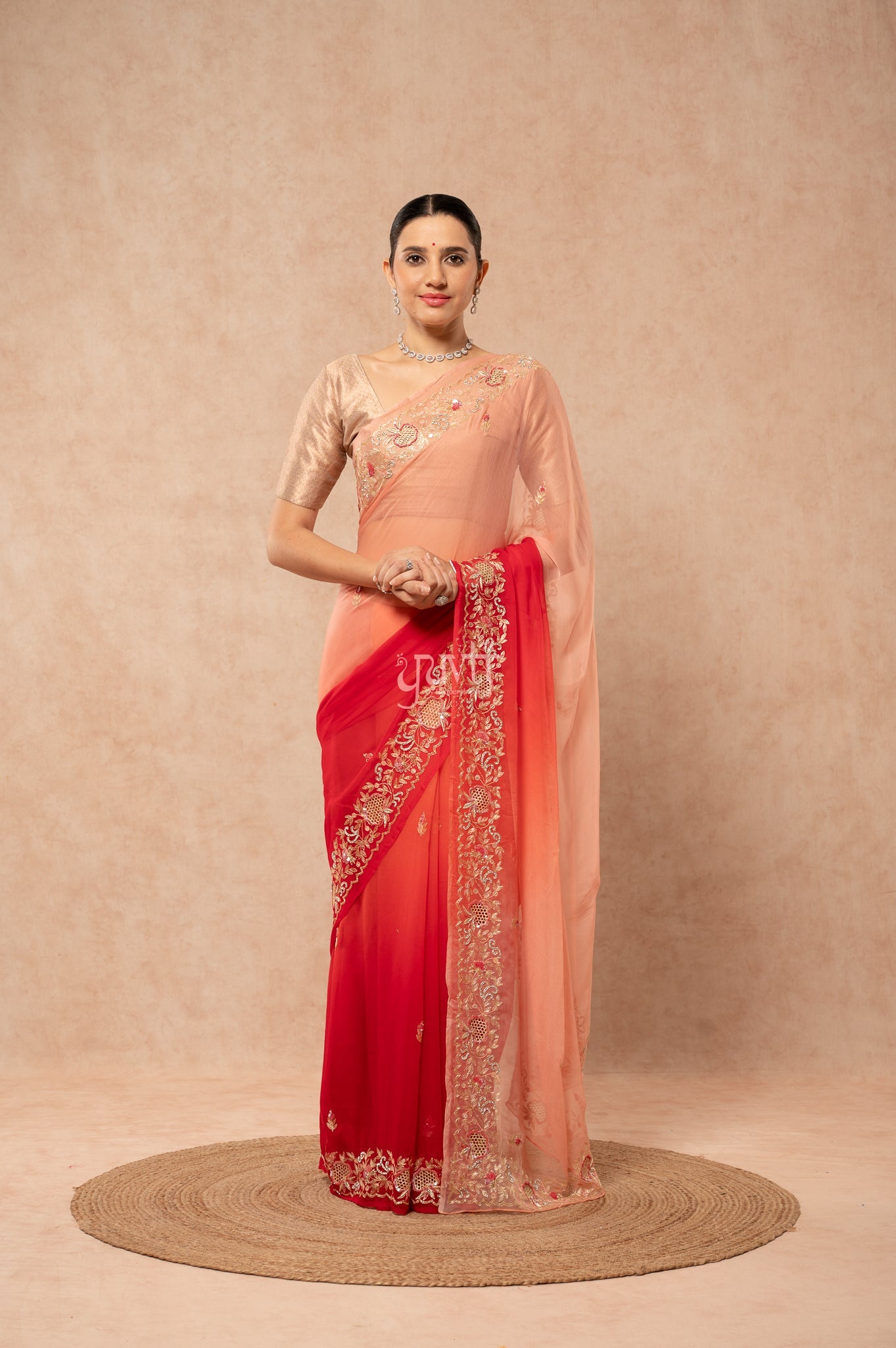 Peach Red Shaded Viscose Chiffon Aari Sequins Cutwork Border & (Butti) Handwork Party Saree