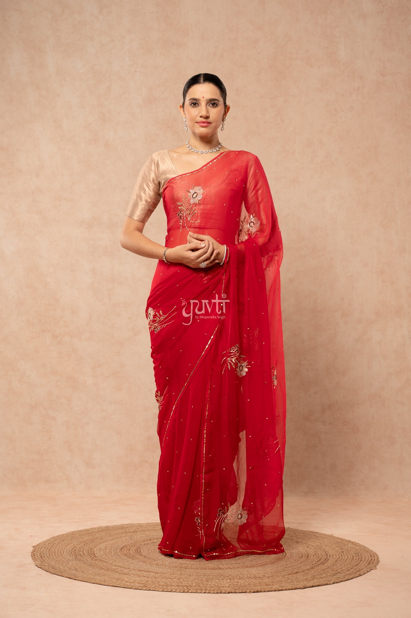 Red Shaded Viscose Chiffon Aari Sequins Motifs ( Butti ) Handwork Saree