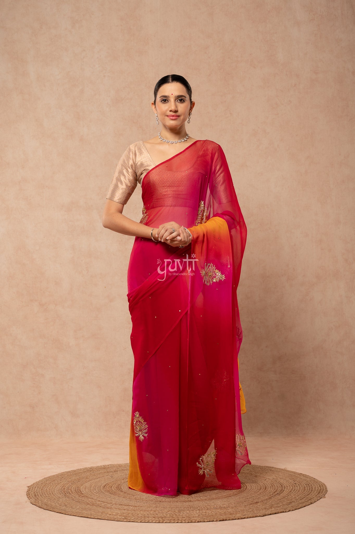 Yellow Rani Red Multi Viscose Chiffon Aari Sequins Kardana Motifs ( Butti ) Handwork Saree