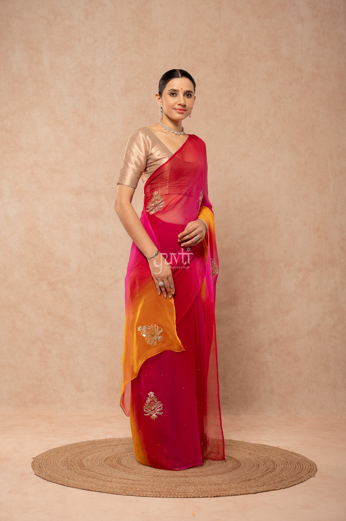 Yellow Rani Red Multi Viscose Chiffon Aari Sequins Kardana Motifs ( Butti ) Handwork Saree