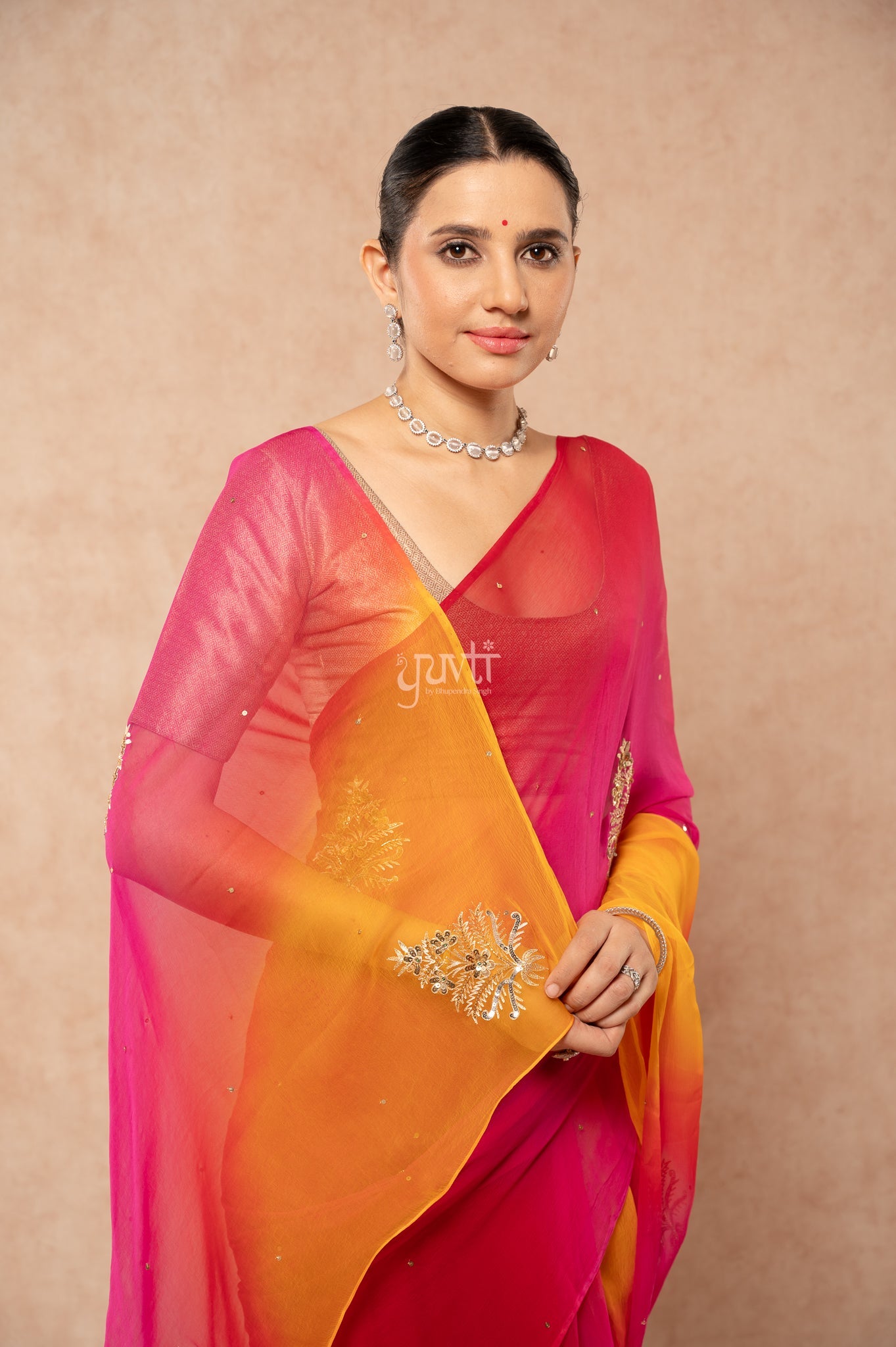 Yellow Rani Red Multi Viscose Chiffon Aari Sequins Kardana Motifs ( Butti ) Handwork Saree