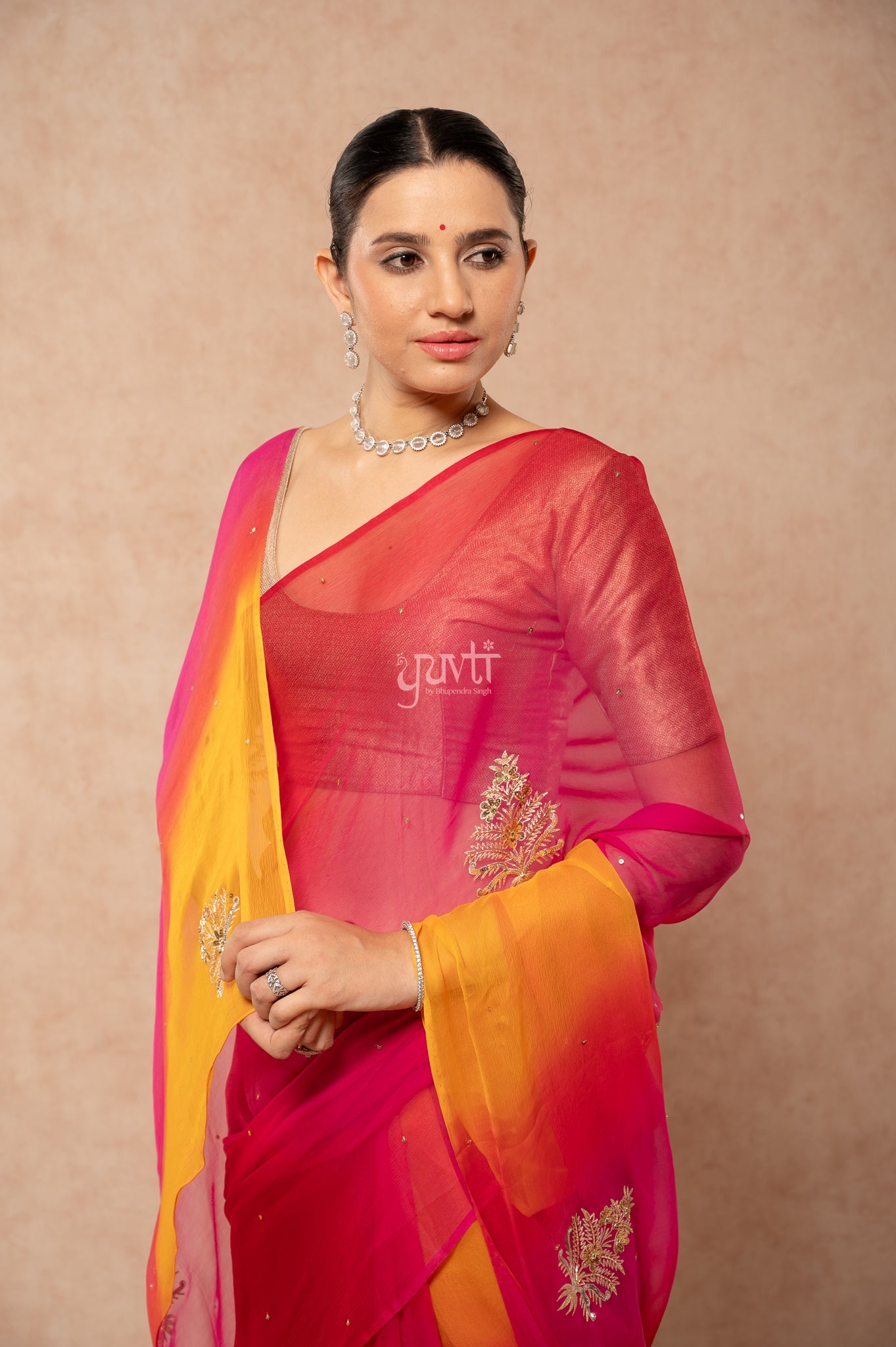 Yellow Rani Red Multi Viscose Chiffon Aari Sequins Kardana Motifs ( Butti ) Handwork Saree