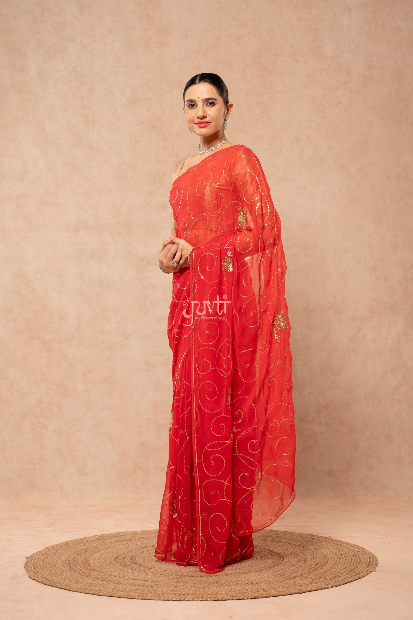 Red Viscose Chiffon Sequins Jaal Handwork Saree with Blouse