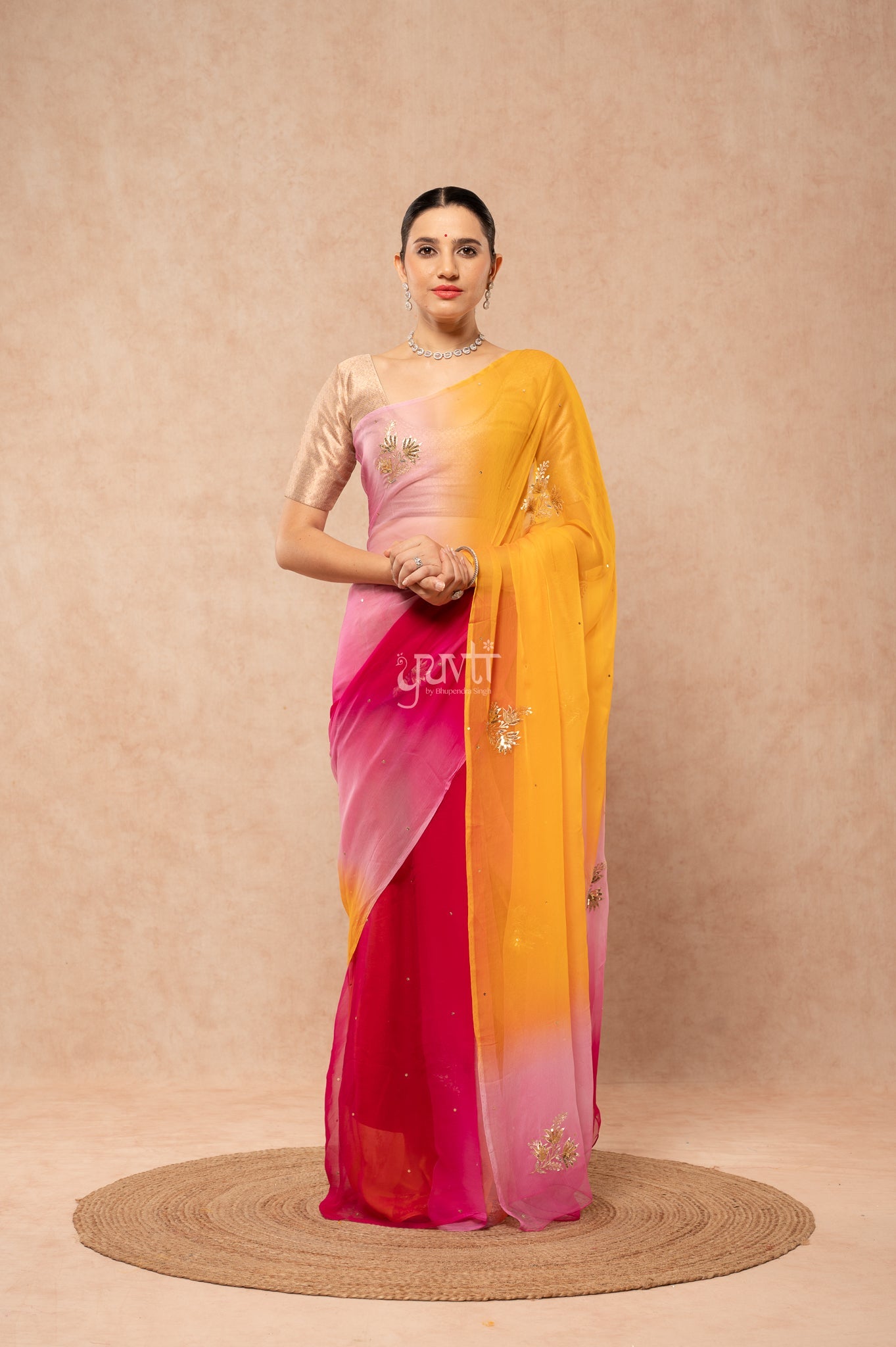 Multi Viscose Chiffon Aari Sequins Motifs ( Butti ) Handwork Saree
