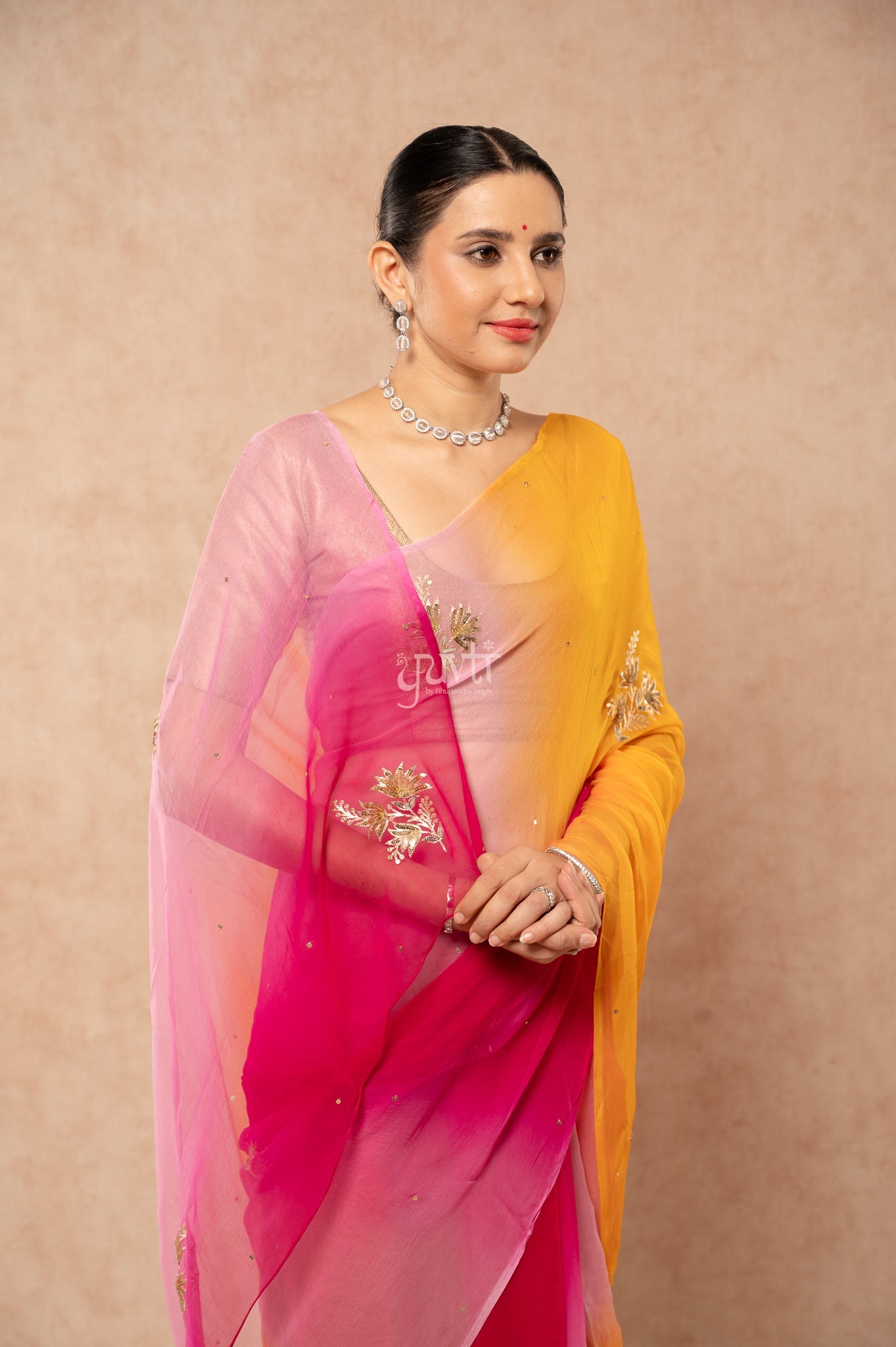 Multi Viscose Chiffon Aari Sequins Motifs ( Butti ) Handwork Saree