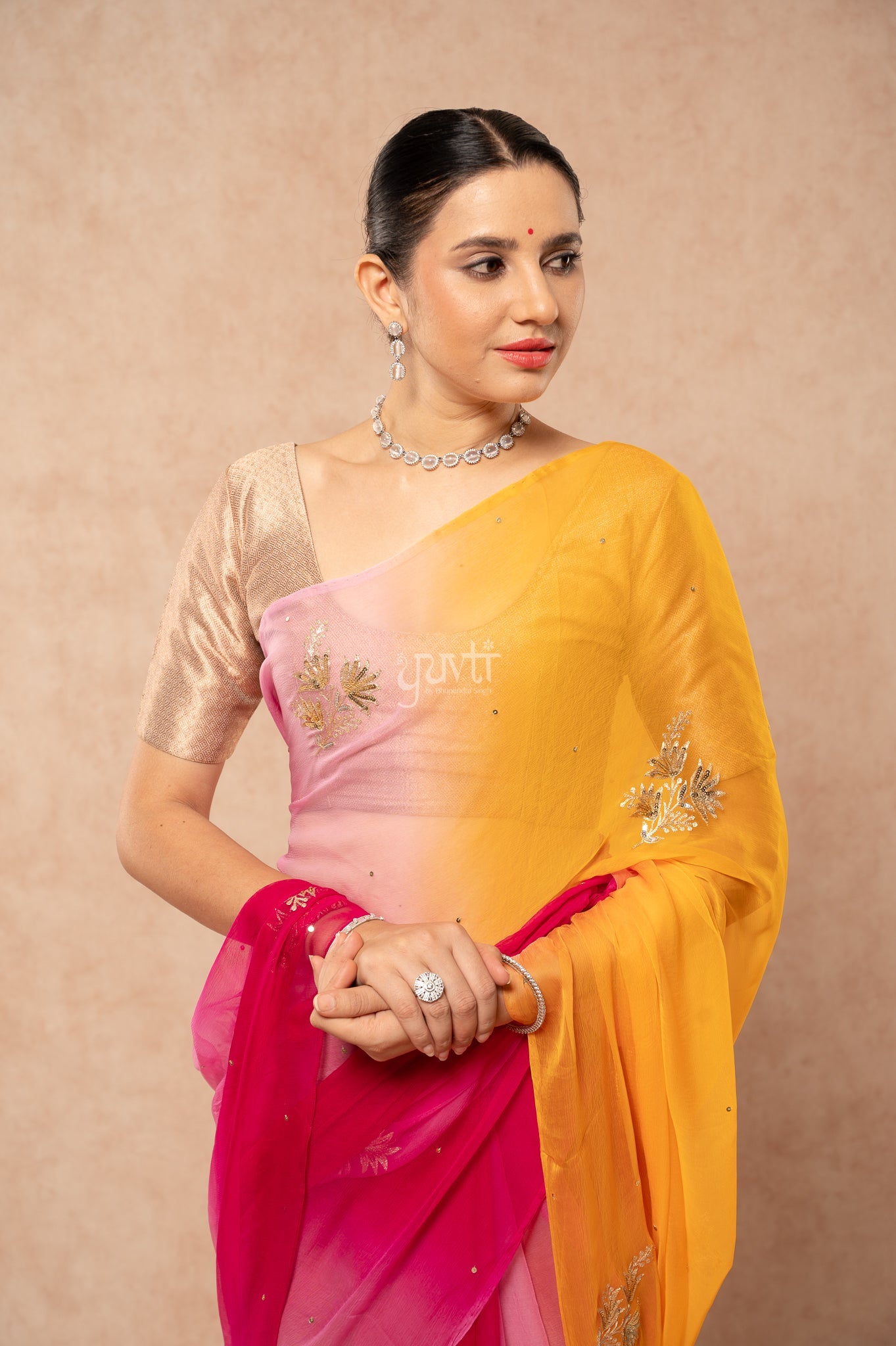 Multi Viscose Chiffon Aari Sequins Motifs ( Butti ) Handwork Saree