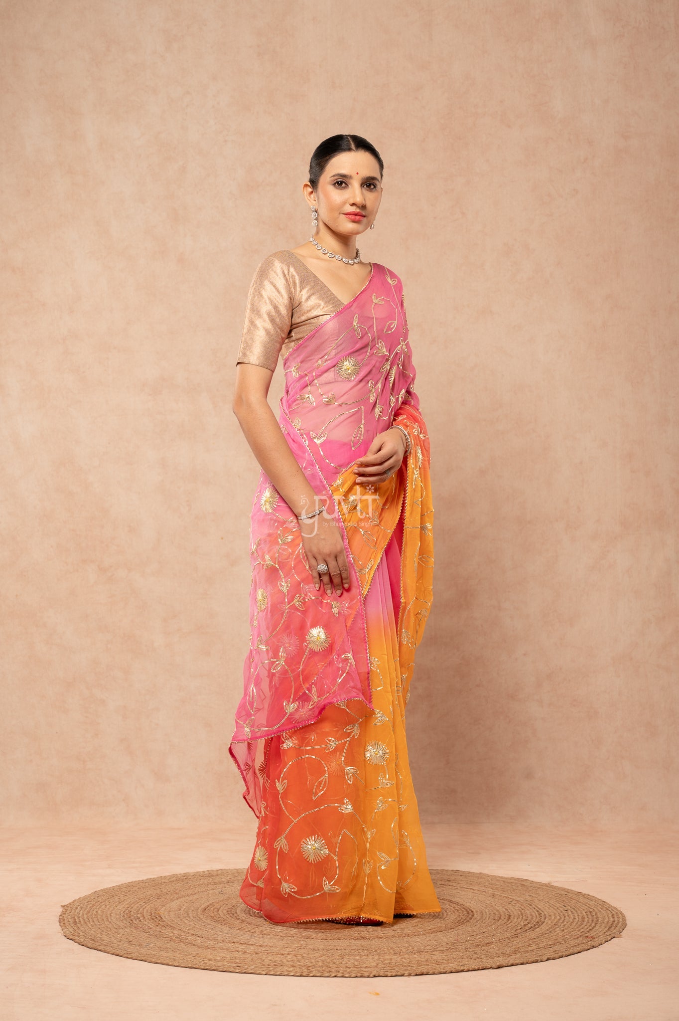 Rani Pink Yellow Multi Viscose Chiffon Sikhiya Gotta Jaal Saree