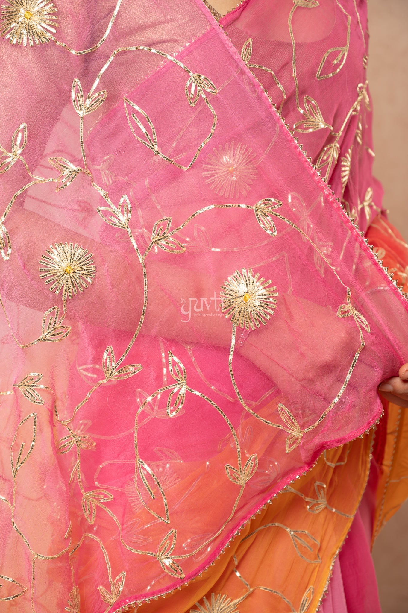 Rani Pink Yellow Multi Viscose Chiffon Sikhiya Gotta Jaal Saree