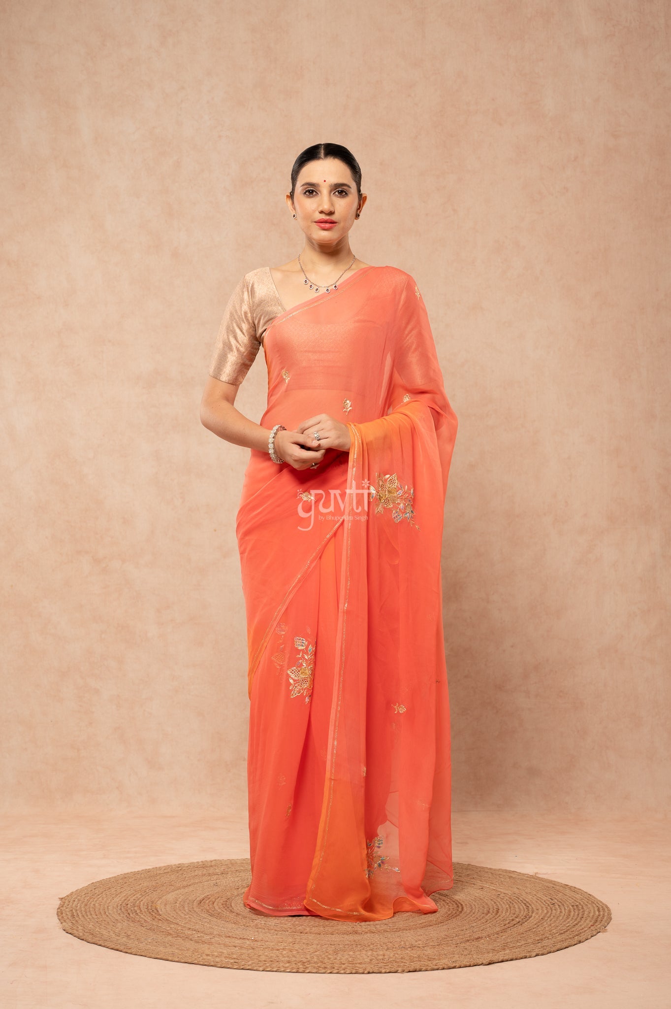 Gajri Orange Viscose Chiffon Aari Sequins Cut Work Motif (Butti) Handwork Saree