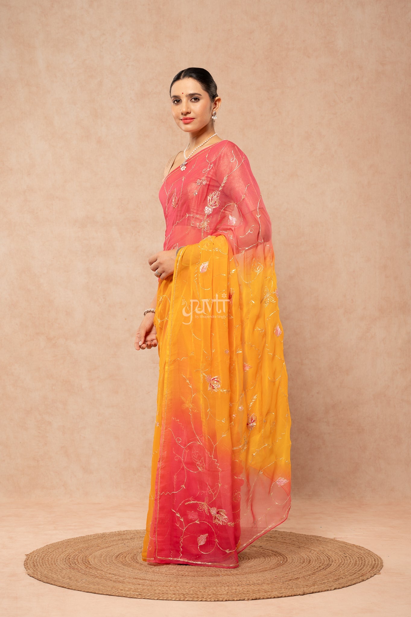 Grey Pink Viscose Chiffon Aari Sequins Kardana Handwork Party Saree