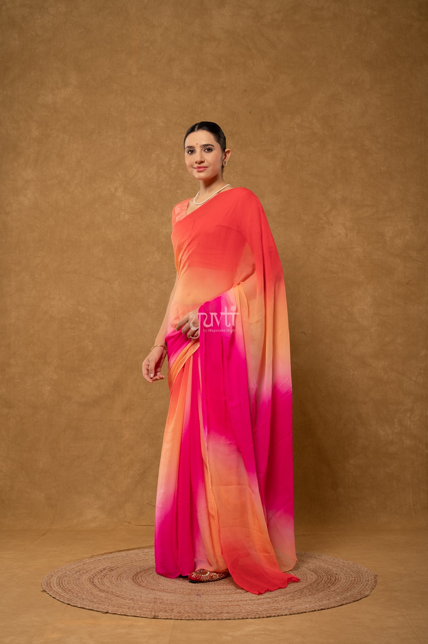 Red Peach Rani Shaded Pure Chiffon Hand-Dye Saree with Blouse