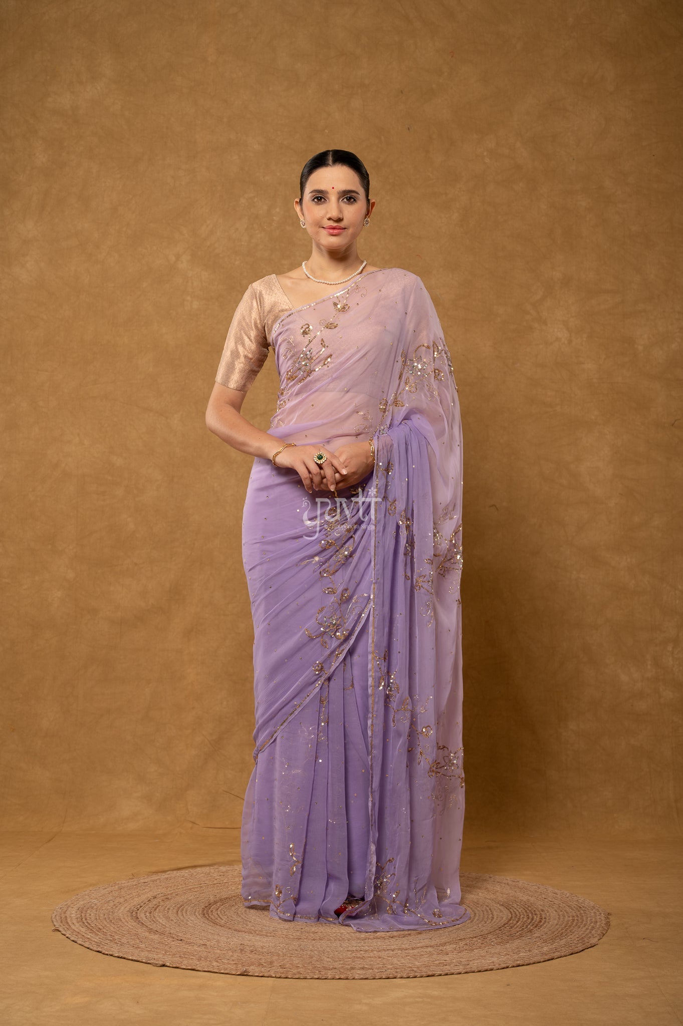 Lavender Shaded Viscose Chiffon Sequins Kardana Chaadi Butti Handwork Saree