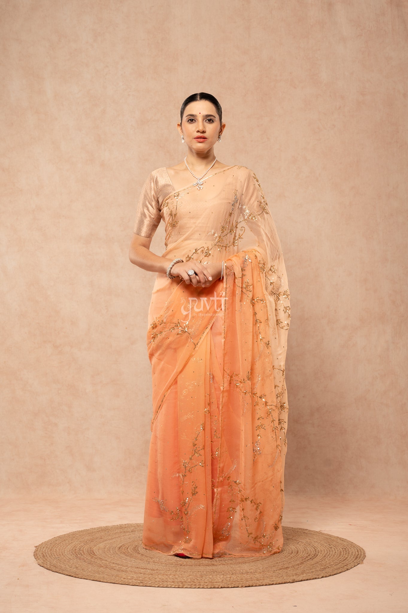 Peach Shaded Viscose Chiffon Aari Sequins Kardana Jaal Handwork Saree with Blouse