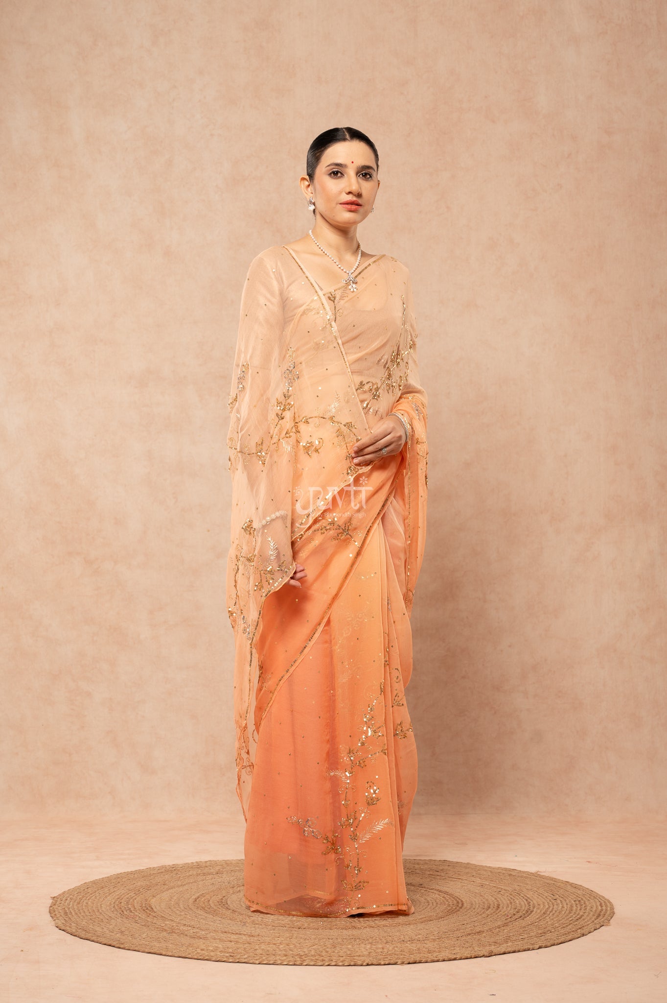 Peach Shaded Viscose Chiffon Aari Sequins Kardana Jaal Handwork Saree with Blouse