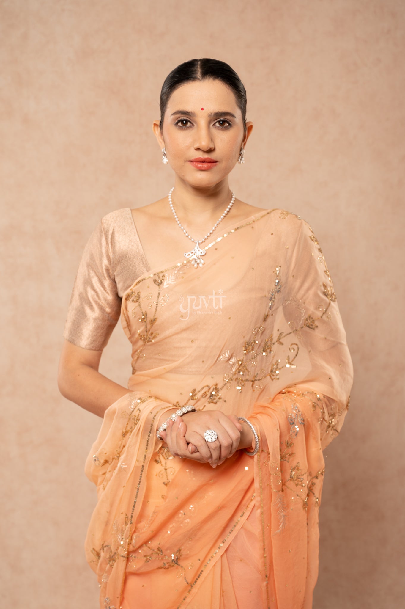 Peach Shaded Viscose Chiffon Aari Sequins Kardana Jaal Handwork Saree with Blouse