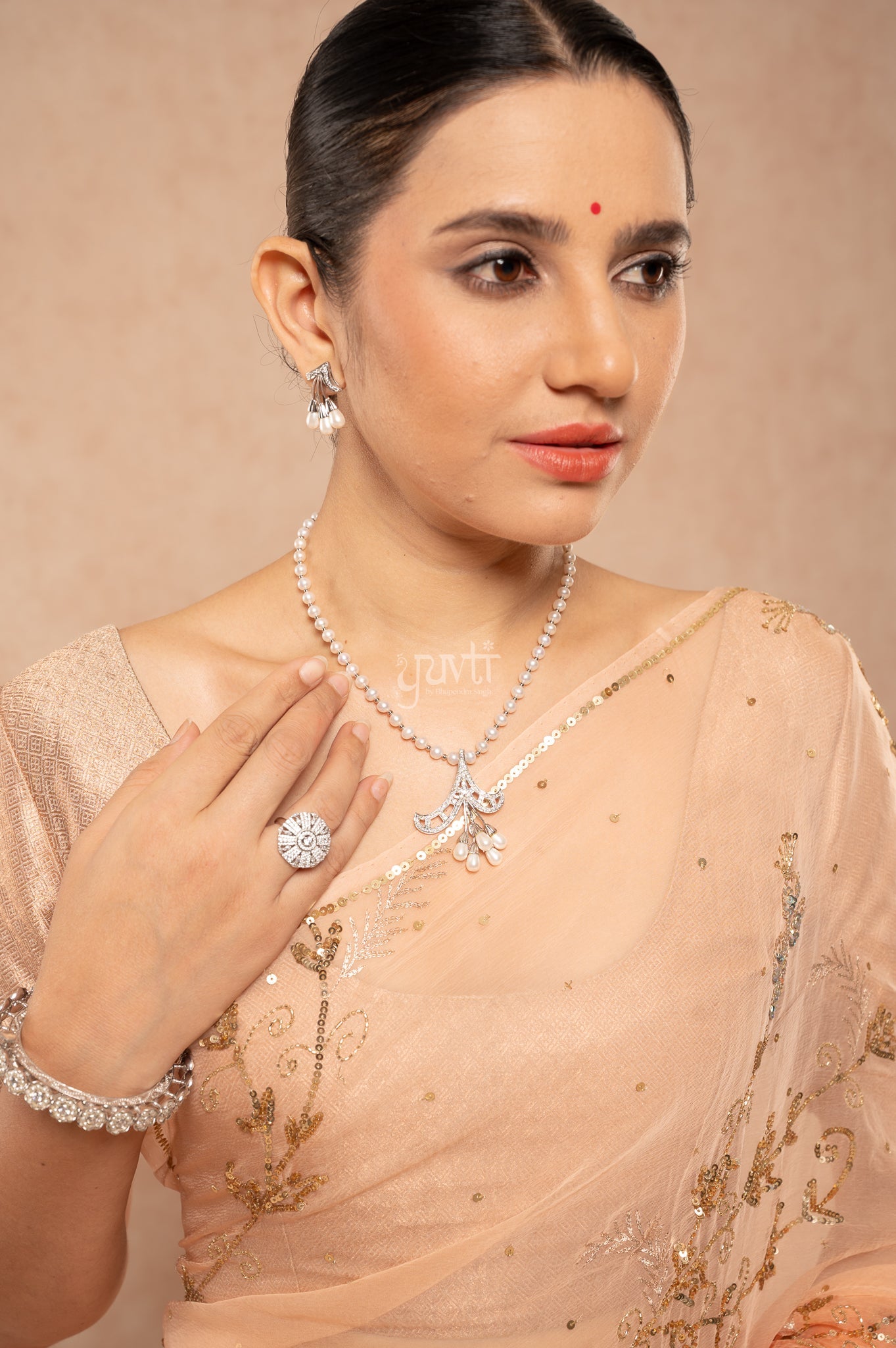 Peach Shaded Viscose Chiffon Aari Sequins Kardana Jaal Handwork Saree with Blouse