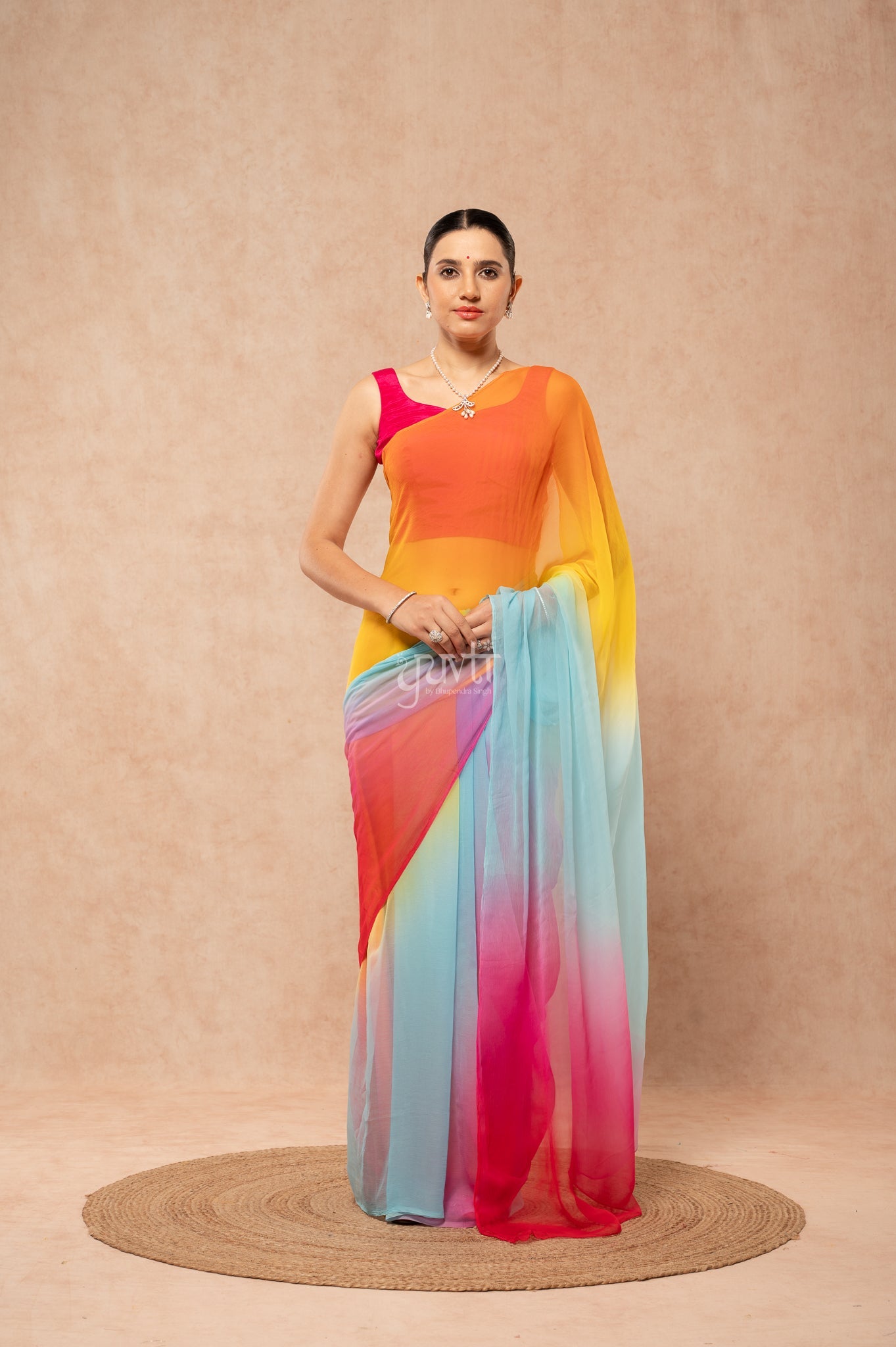 Red Rani Orange Yellow Aqua Viscose Chiffon Multicolour Hand-Dye Saree with Blouse