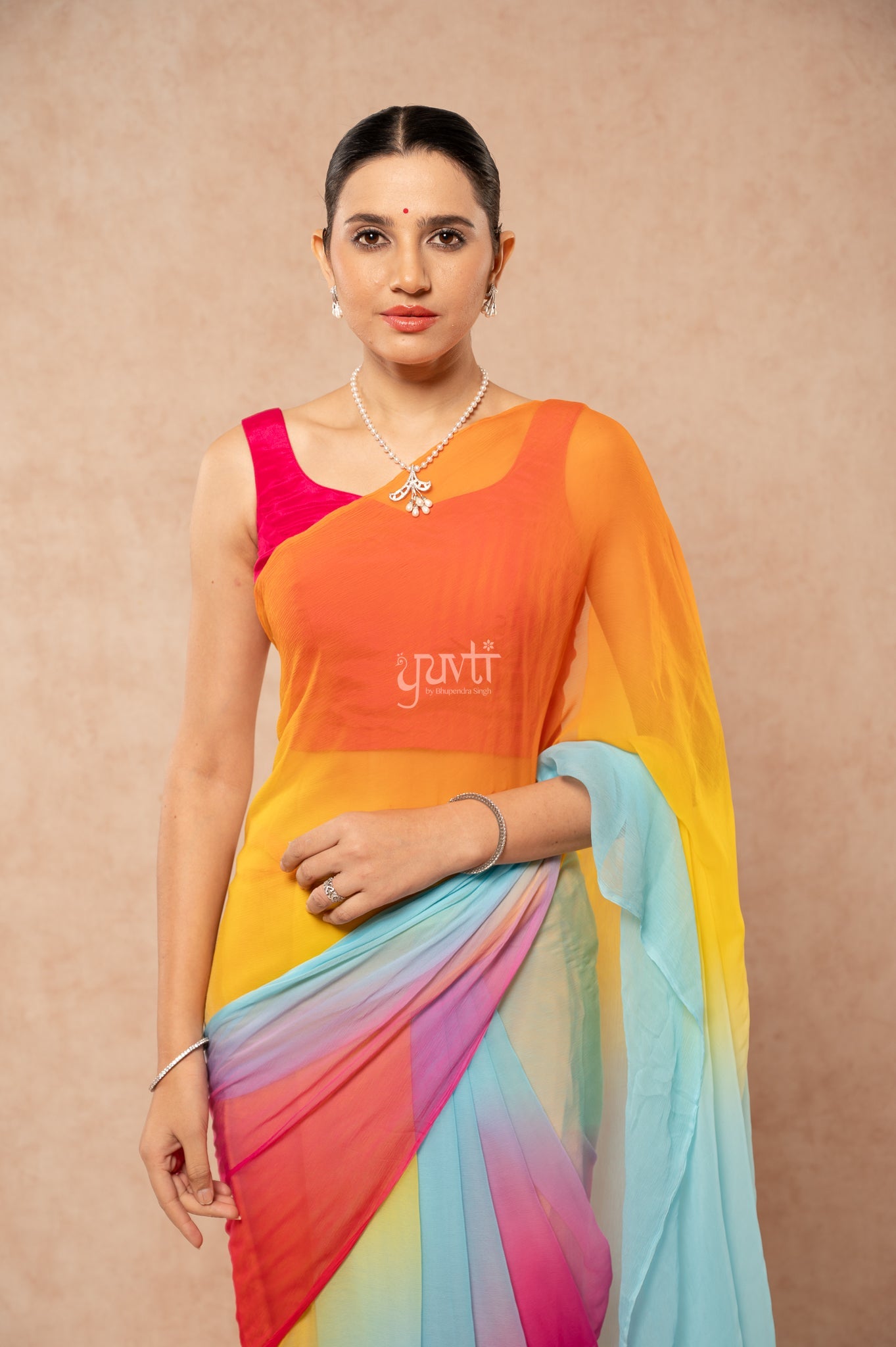 Red Rani Orange Yellow Aqua Viscose Chiffon Multicolour Hand-Dye Saree with Blouse