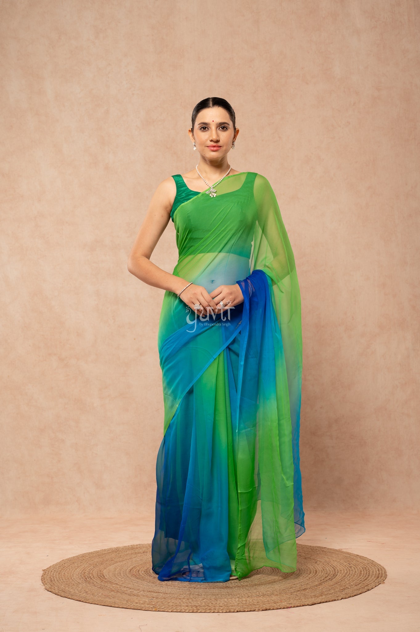 Roya Blue Green Pure Georgette Multicolour Hand-Dye Saree with Blouse