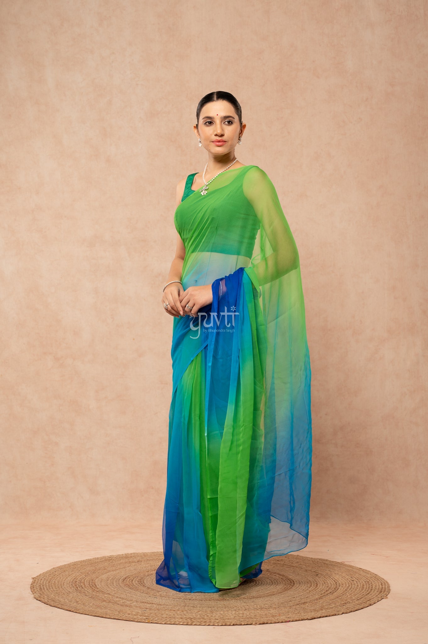 Roya Blue Green Pure Georgette Multicolour Hand-Dye Saree with Blouse