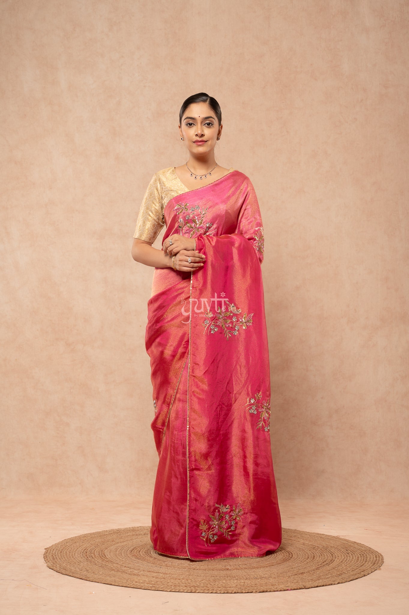 Rani Viscose Tissue Aari Sequins Motifs ( Butti ) Handwork Party Saree